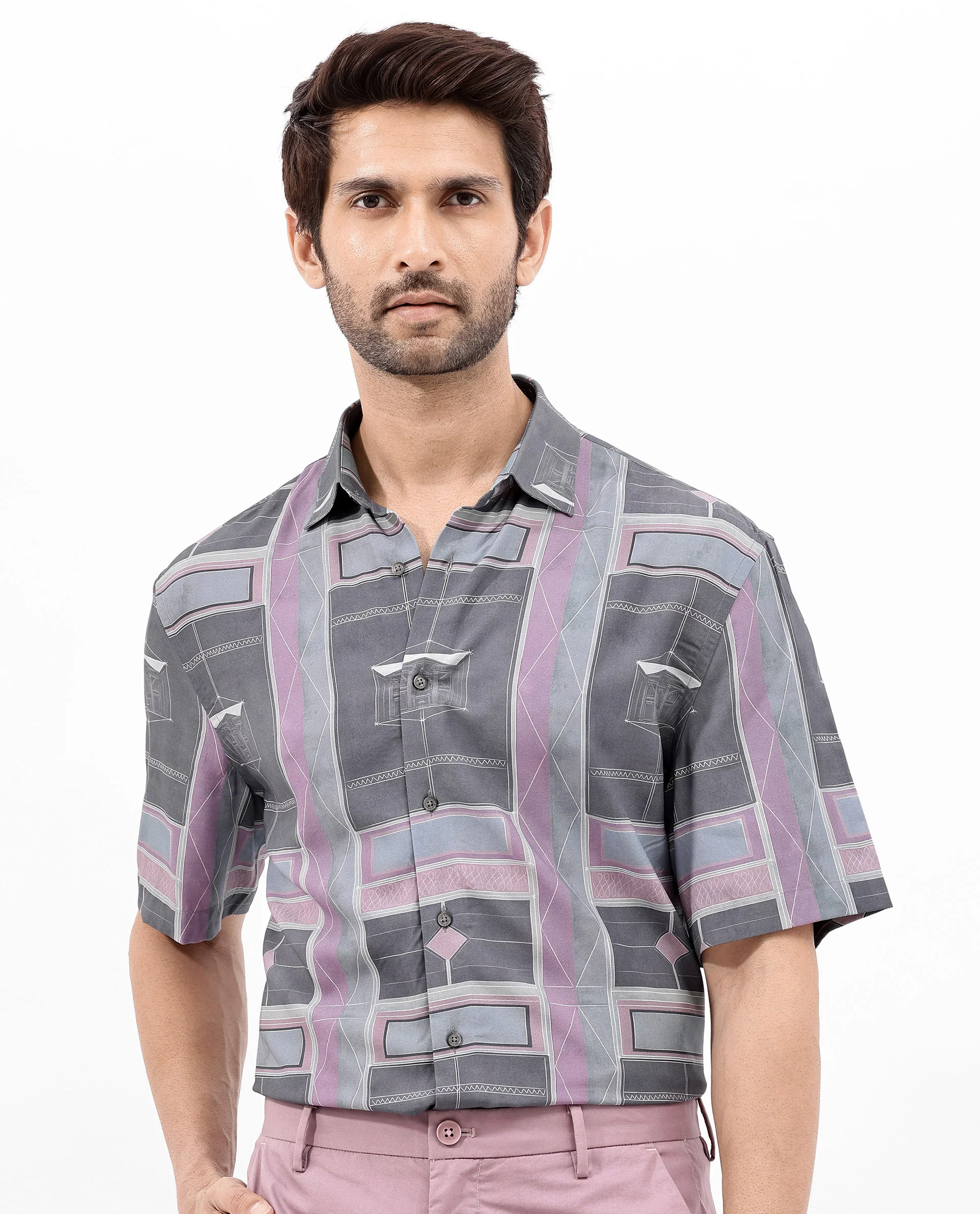 Rare Rabbit Men's Pristom Grey Viscose Geometric Print Boxy Fit Half Sleeve Collared Shirt - Image 5