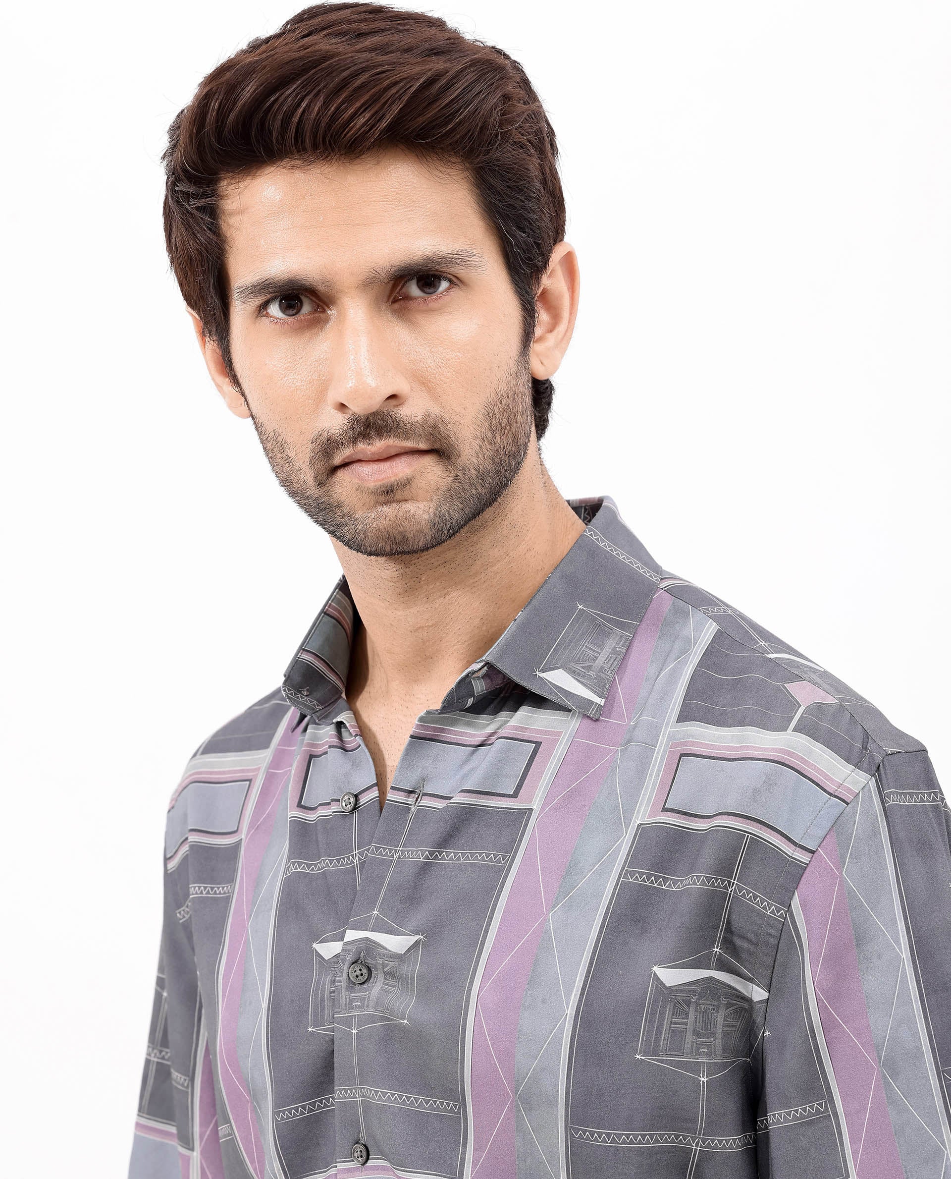 Rare Rabbit Men's Pristom Grey Viscose Geometric Print Boxy Fit Half Sleeve Collared Shirt - Image 6