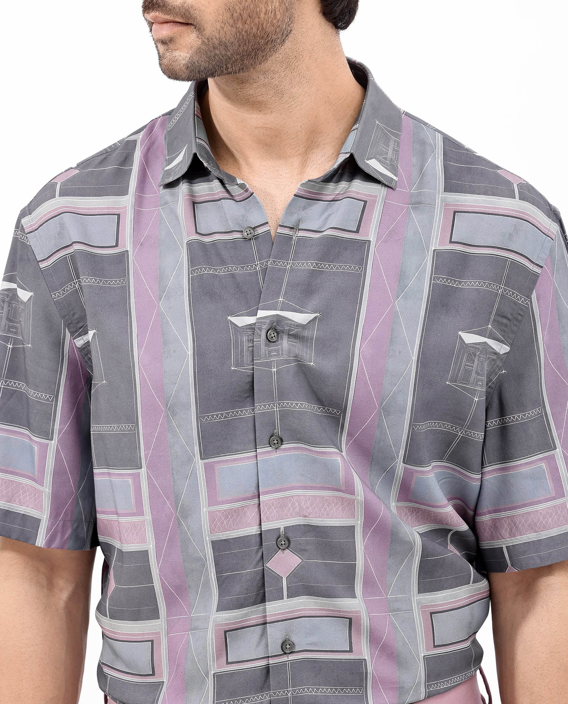 Rare Rabbit Men's Pristom Grey Viscose Geometric Print Boxy Fit Half Sleeve Collared Shirt - Image 7