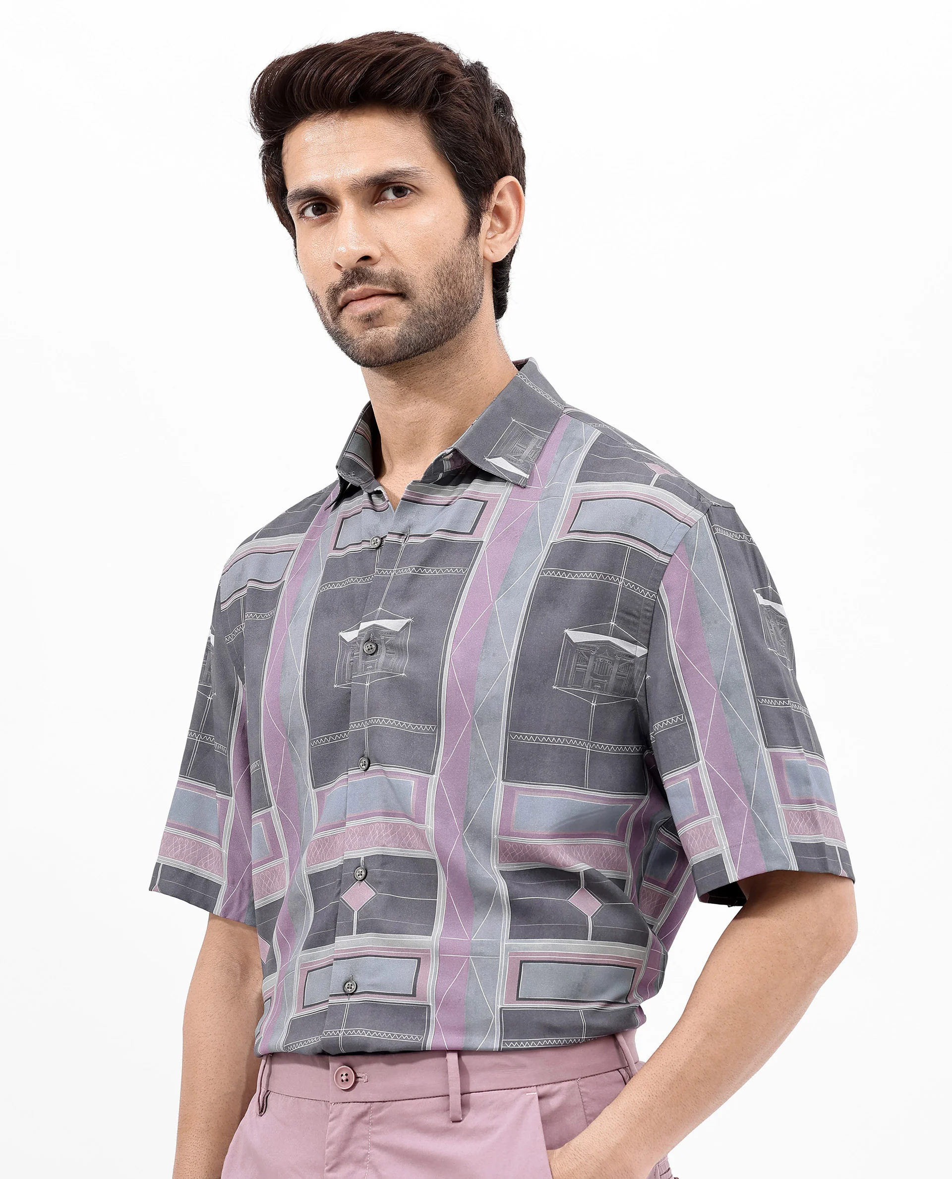 Rare Rabbit Men's Pristom Grey Viscose Geometric Print Boxy Fit Half Sleeve Collared Shirt - Image 8