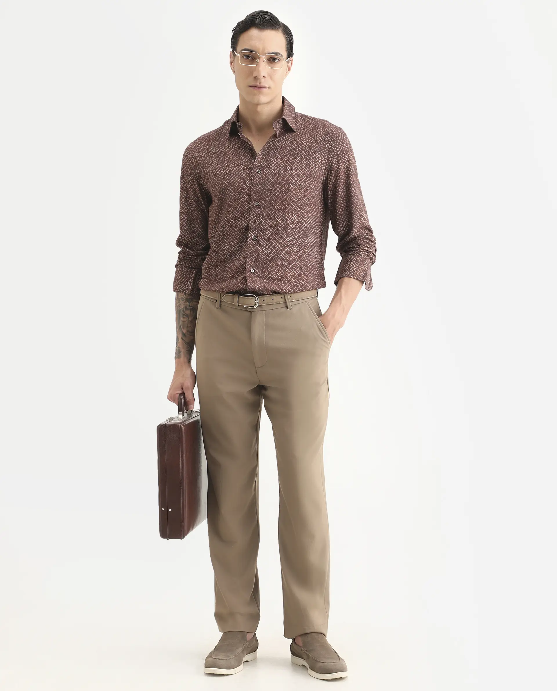 Rare Rabbit Men's Prit-L Brown Viscose Fabric Full Sleeve Spread Collar Regular Fit Geometric Print Shirt - Image 2