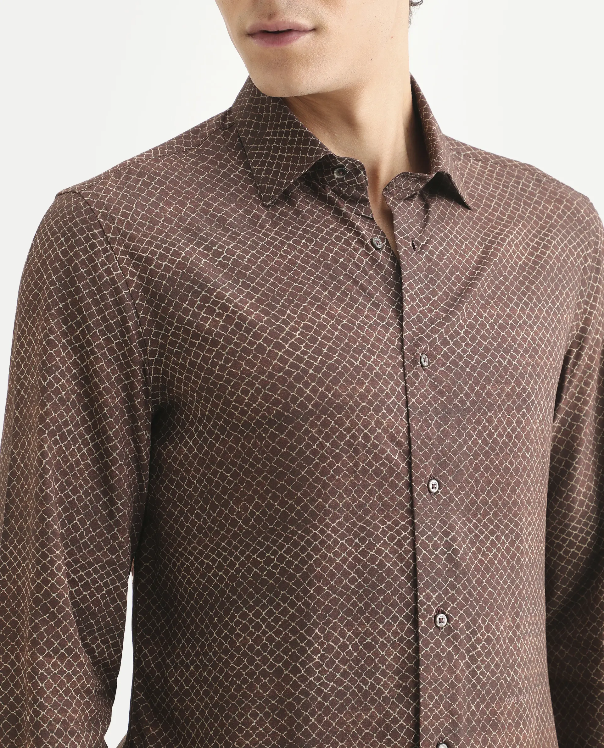 Rare Rabbit Men's Prit-L Brown Viscose Fabric Full Sleeve Spread Collar Regular Fit Geometric Print Shirt - Image 3