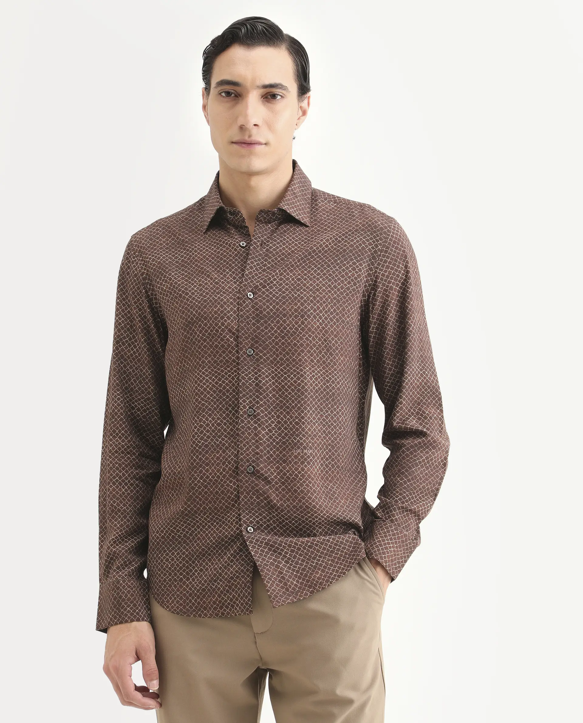 Rare Rabbit Men's Prit-L Brown Viscose Fabric Full Sleeve Spread Collar Regular Fit Geometric Print Shirt - Image 4