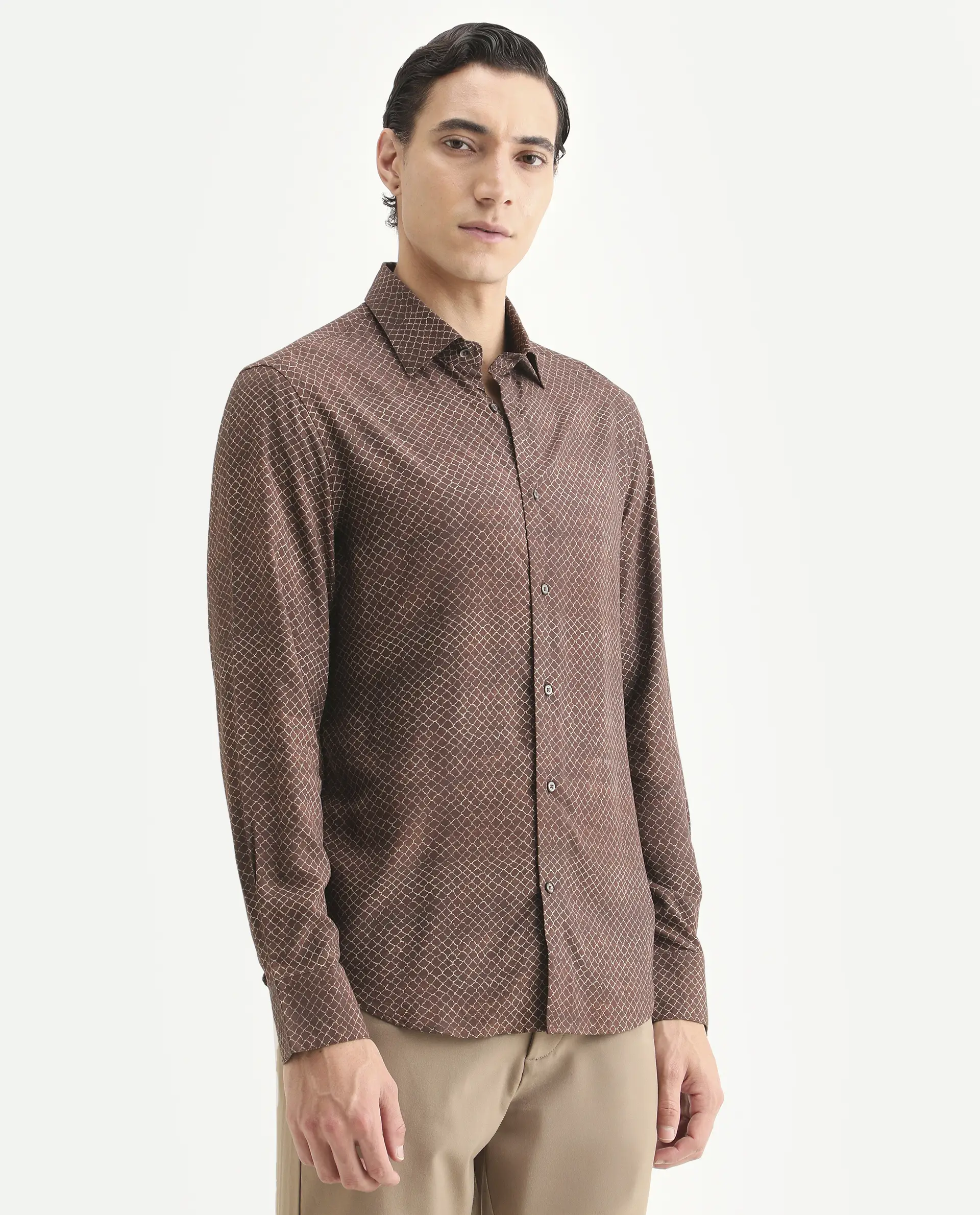 Rare Rabbit Men's Prit-L Brown Viscose Fabric Full Sleeve Spread Collar Regular Fit Geometric Print Shirt - Image 5
