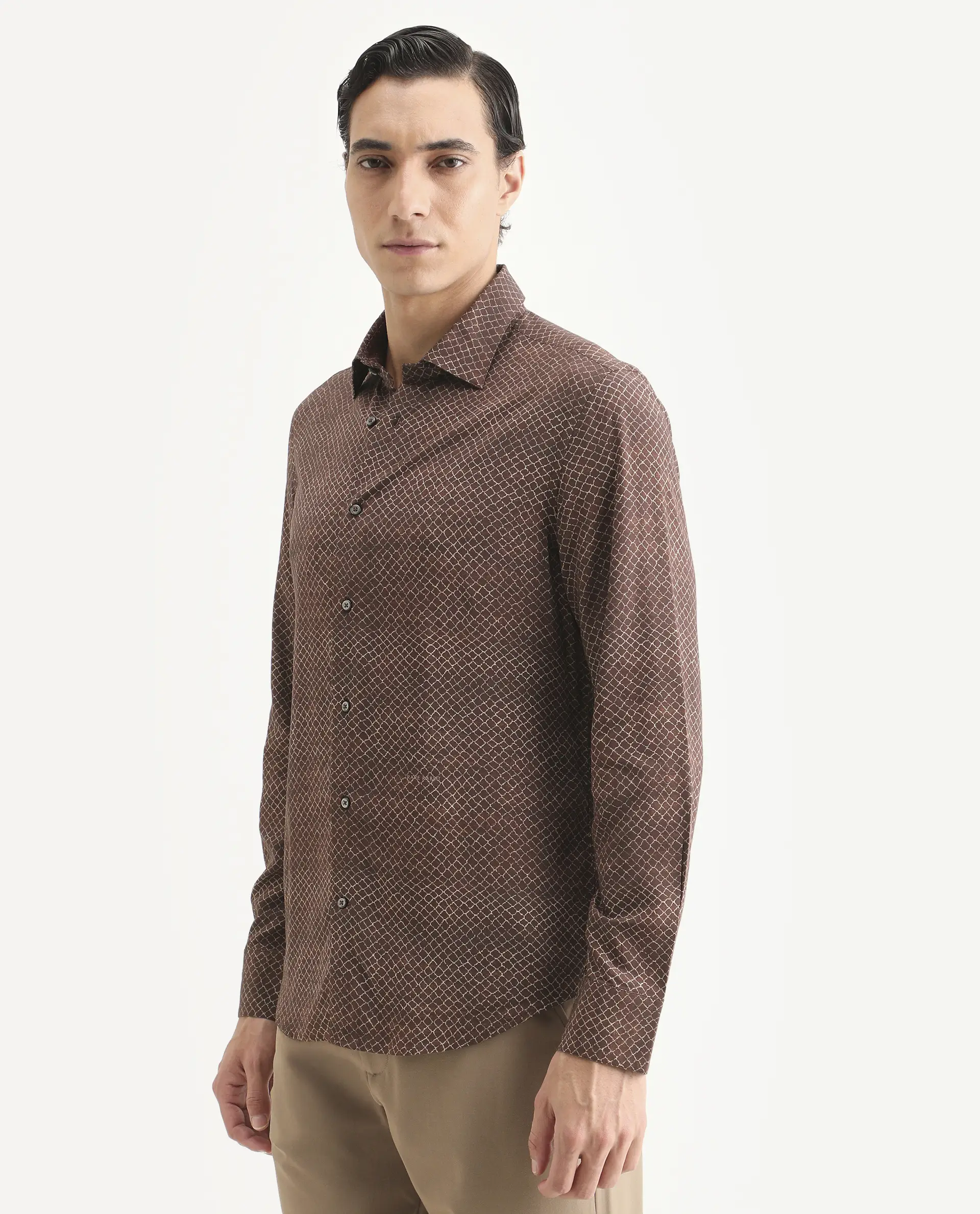 Rare Rabbit Men's Prit-L Brown Viscose Fabric Full Sleeve Spread Collar Regular Fit Geometric Print Shirt - Image 6