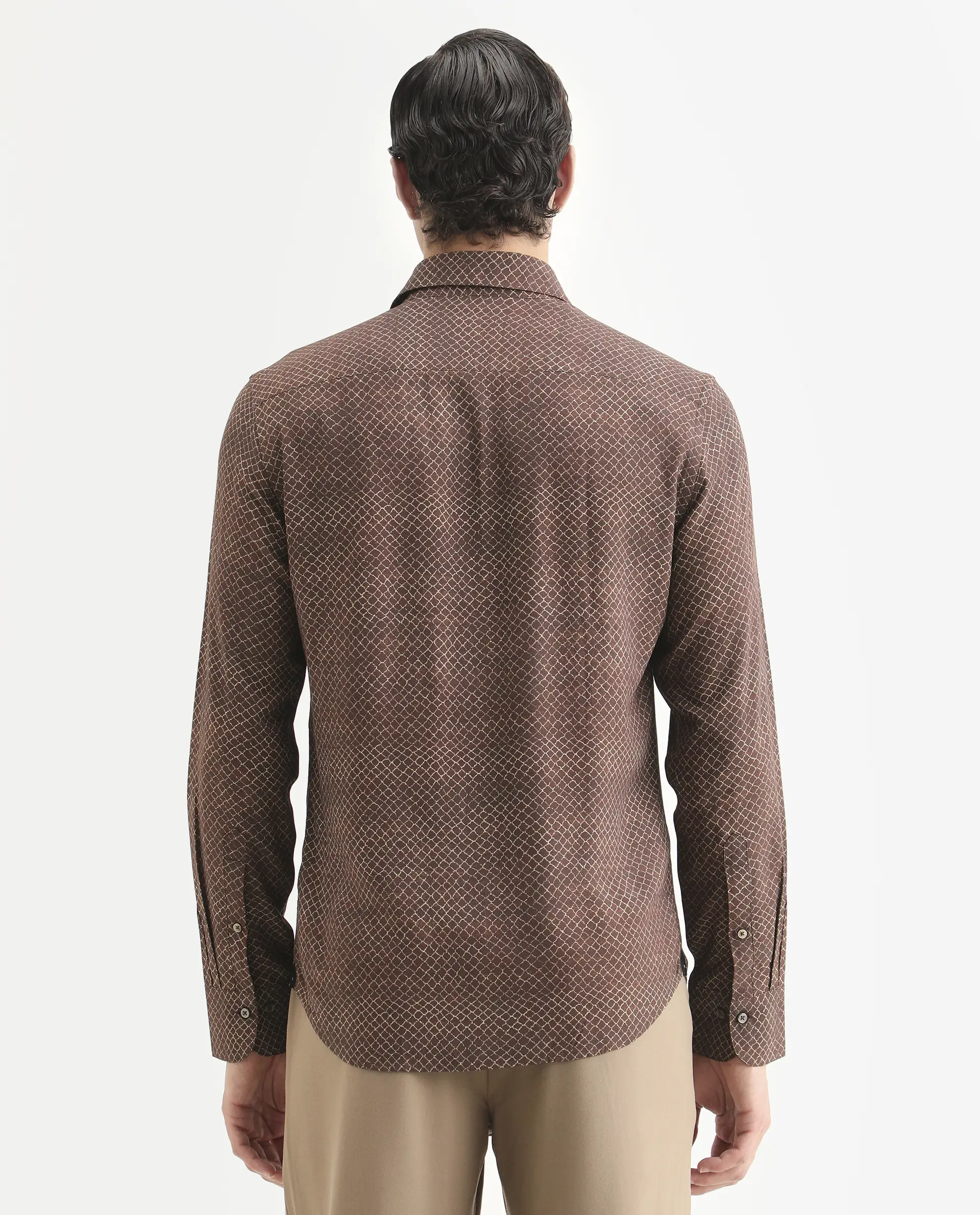 Rare Rabbit Men's Prit-L Brown Viscose Fabric Full Sleeve Spread Collar Regular Fit Geometric Print Shirt - Image 7