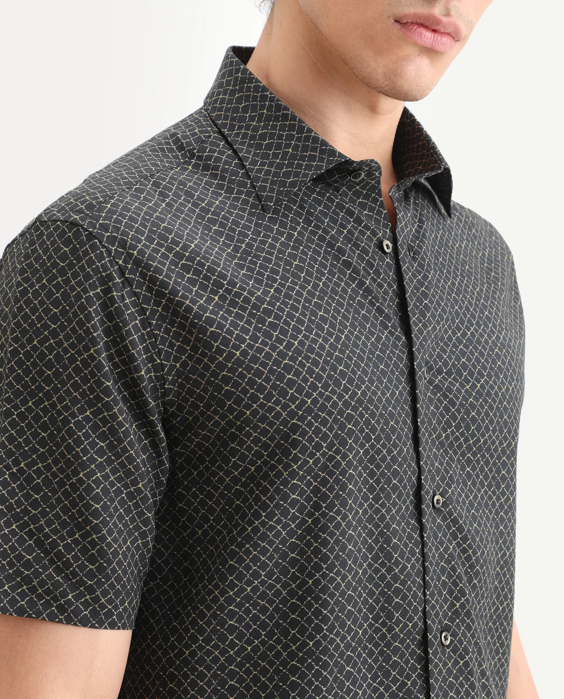 Rare Rabbit Men's Prit-Ss Black Viscose Fabric Half Sleeve Spread Collar Regular Fit Geometric Print Shirt - Image 3