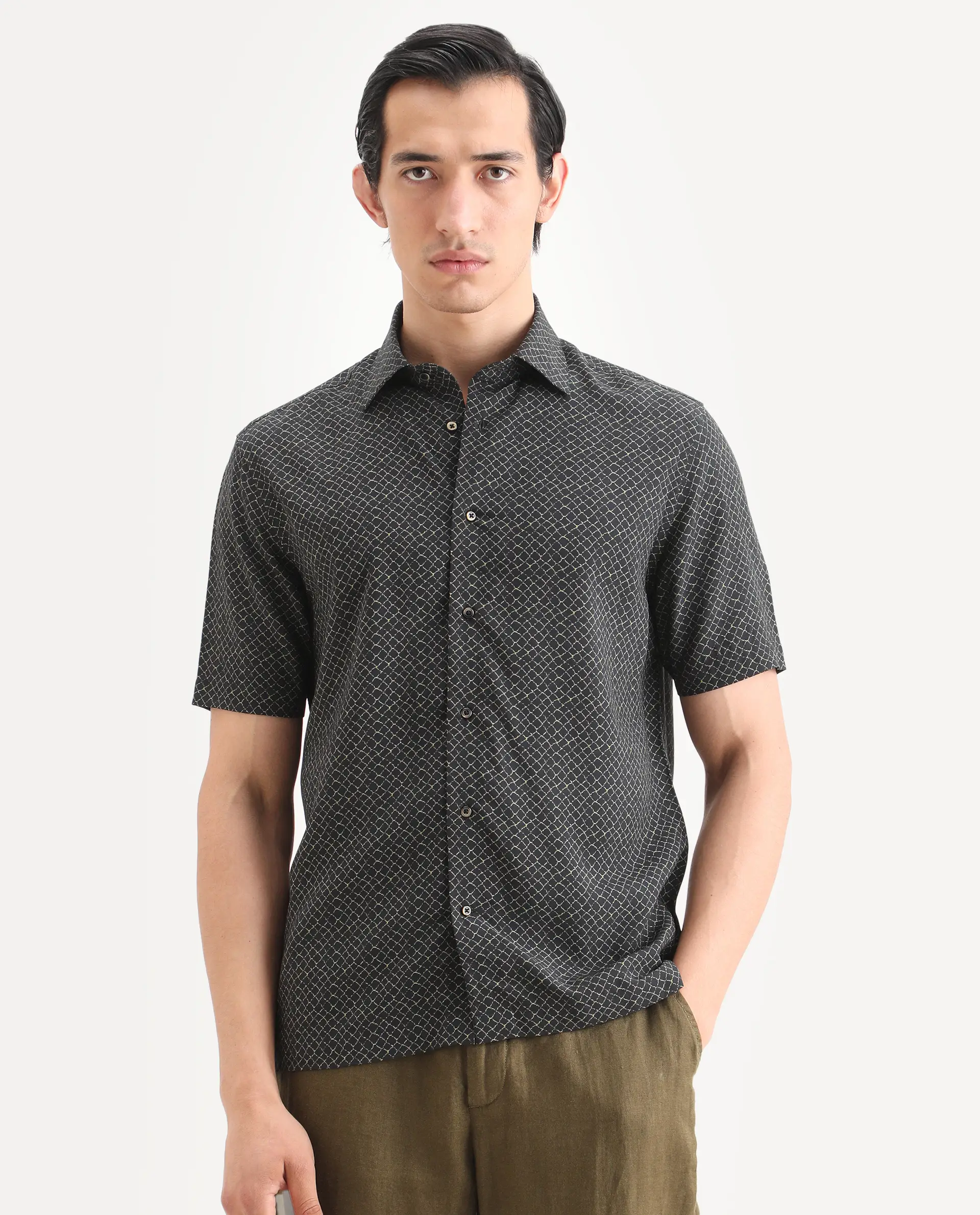 Rare Rabbit Men's Prit-Ss Black Viscose Fabric Half Sleeve Spread Collar Regular Fit Geometric Print Shirt - Image 4