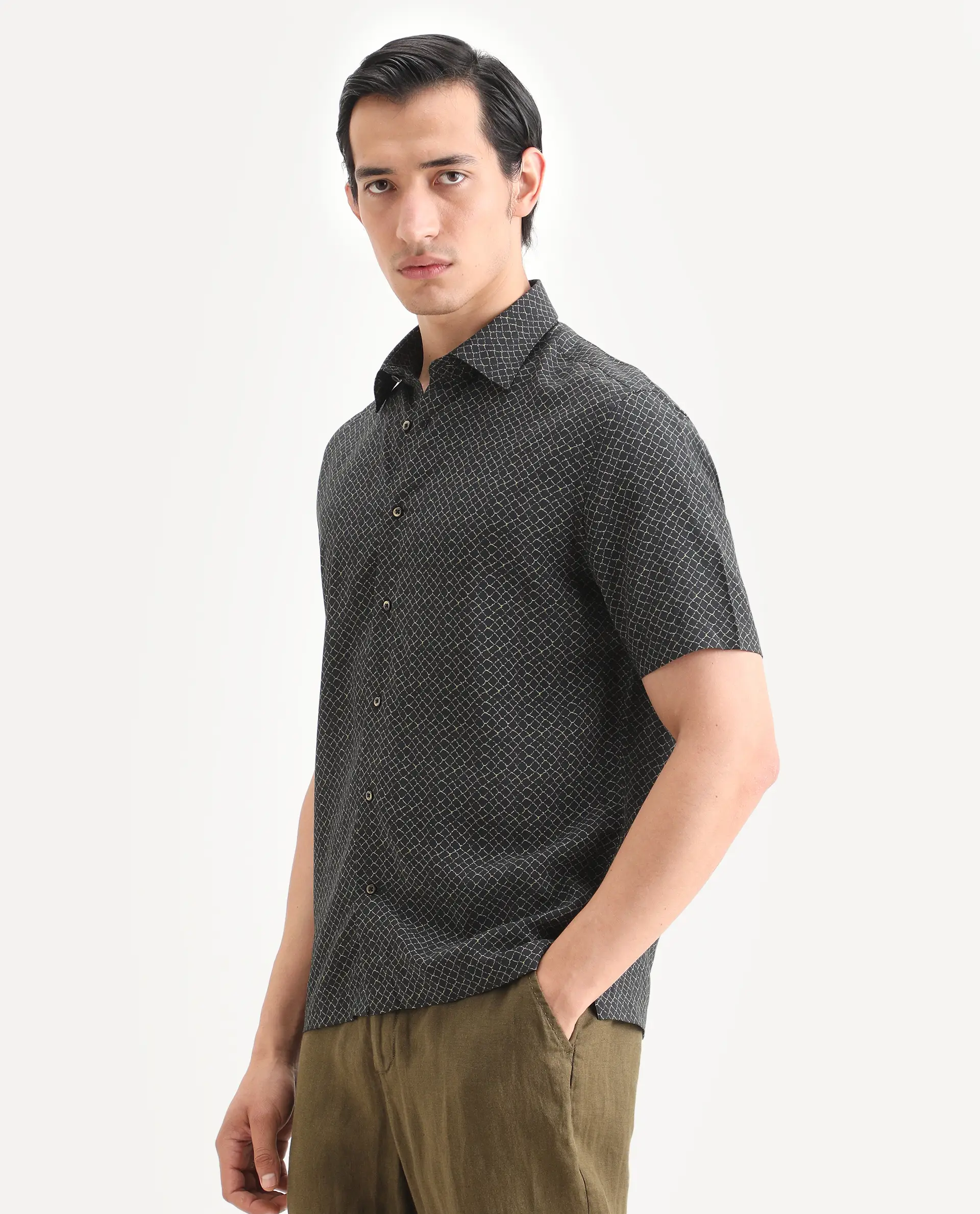 Rare Rabbit Men's Prit-Ss Black Viscose Fabric Half Sleeve Spread Collar Regular Fit Geometric Print Shirt - Image 5
