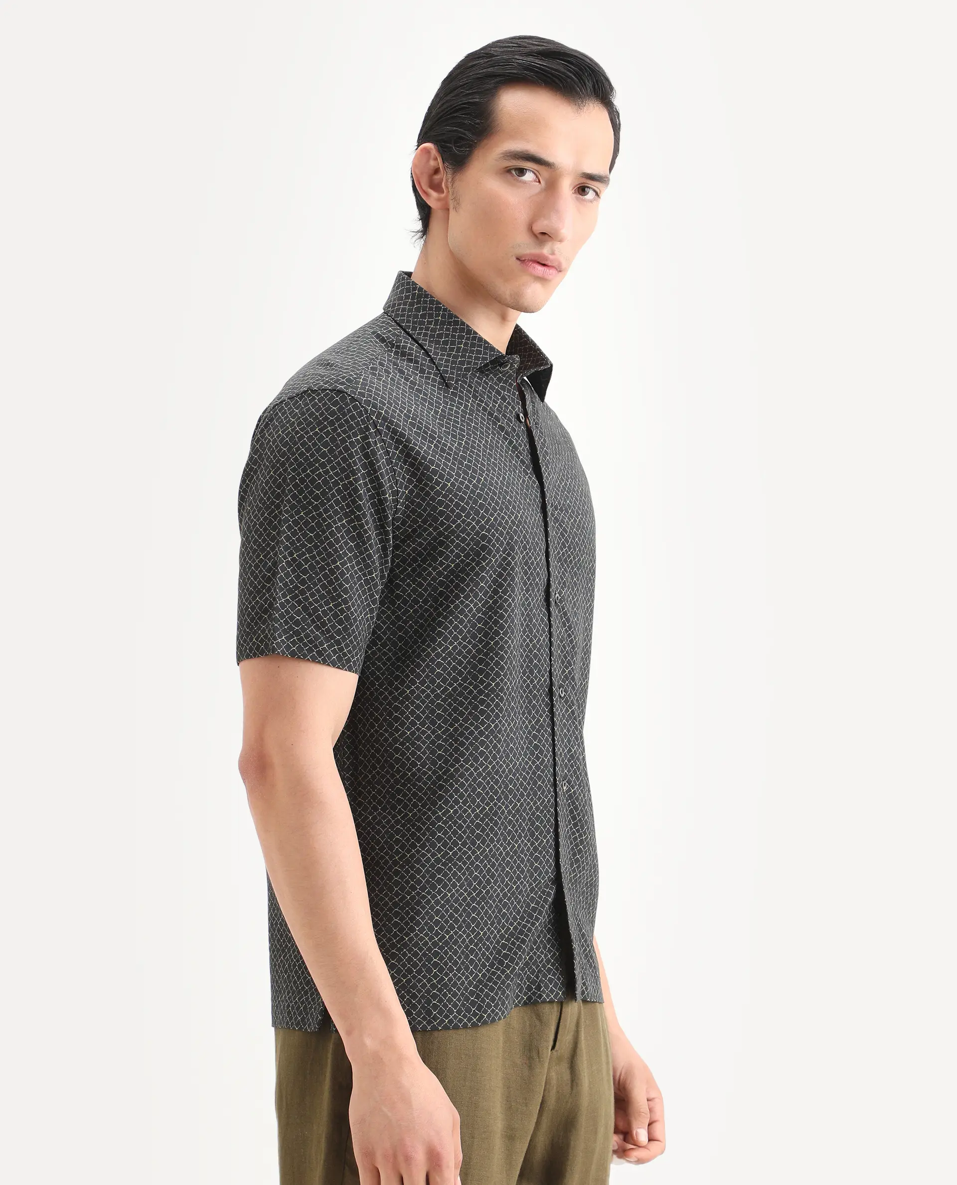 Rare Rabbit Men's Prit-Ss Black Viscose Fabric Half Sleeve Spread Collar Regular Fit Geometric Print Shirt - Image 6