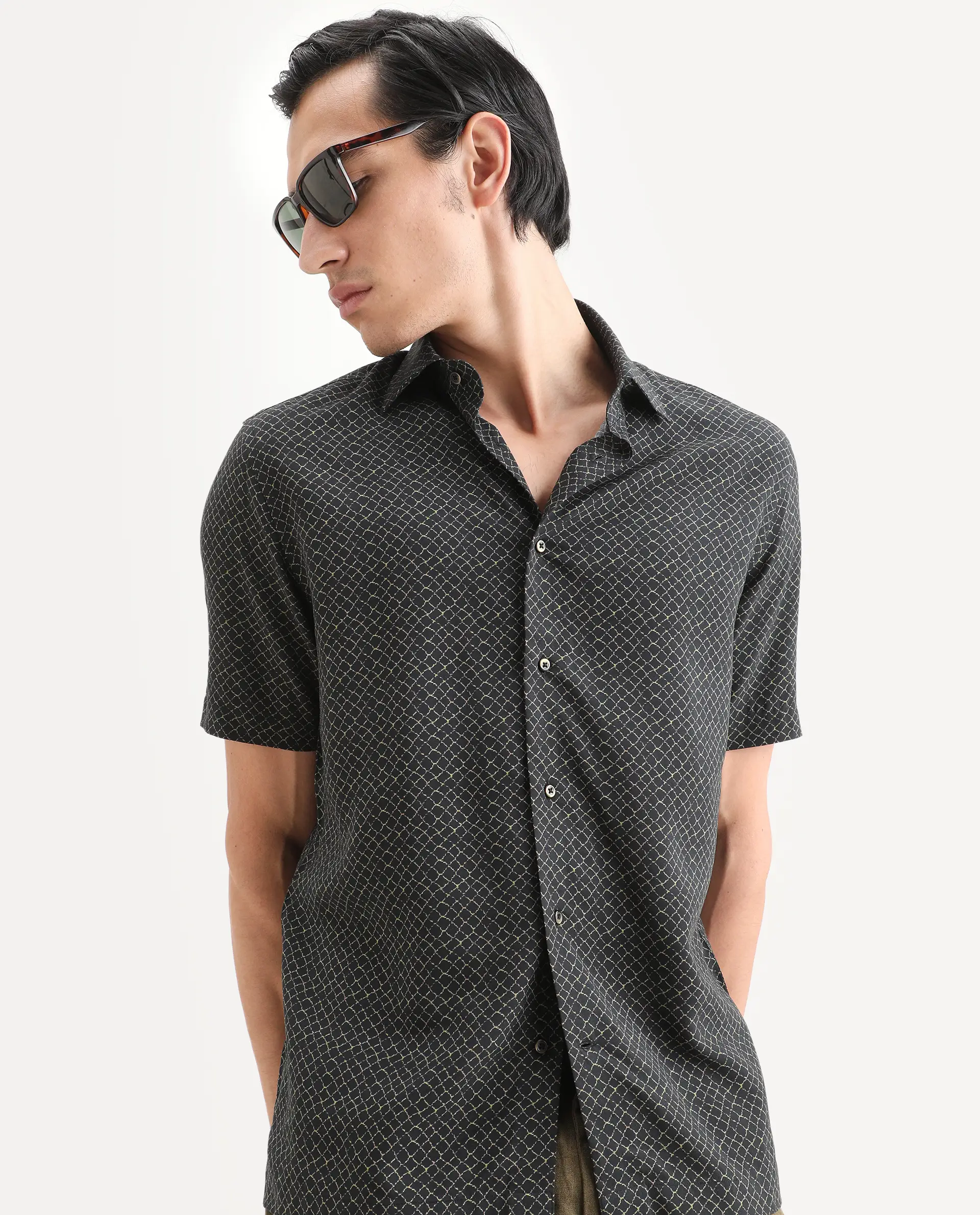 Rare Rabbit Men's Prit-Ss Black Viscose Fabric Half Sleeve Spread Collar Regular Fit Geometric Print Shirt - Image 7