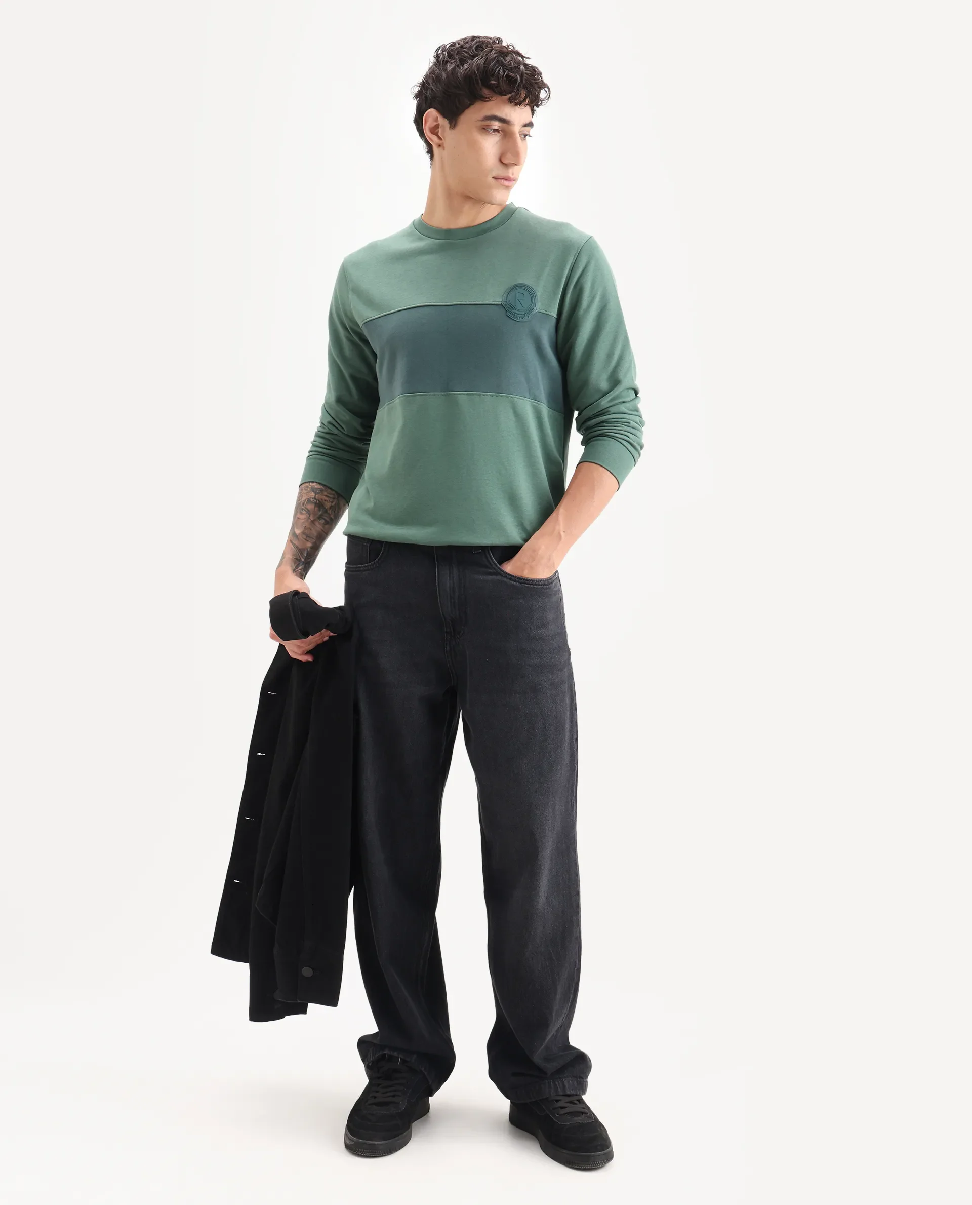 Rare Rabbit Men's Privett Green Cotton Color Block Relaxed Fit Full Sleeve Crew Neck Sweatshirt - Image 2