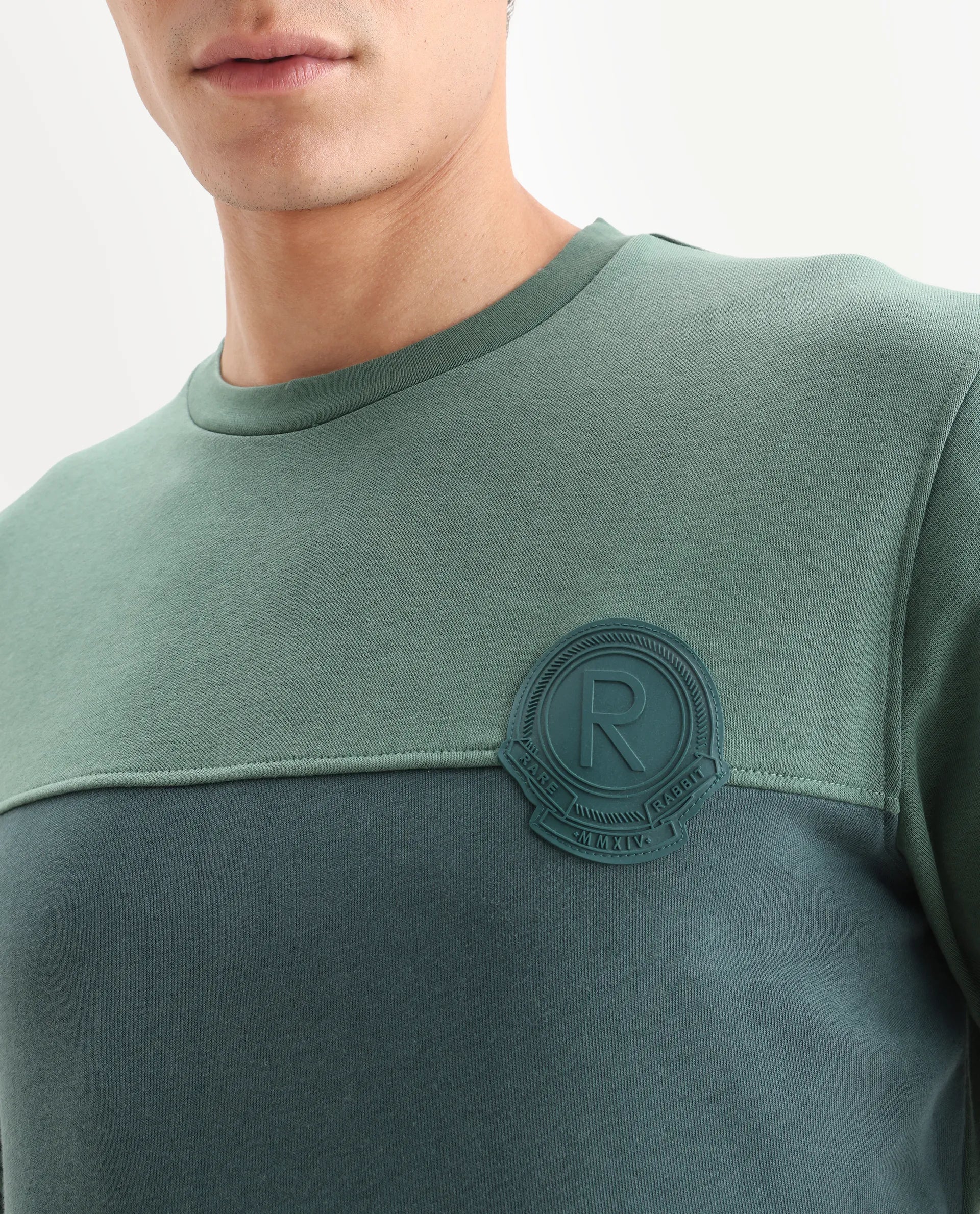 Rare Rabbit Men's Privett Green Cotton Color Block Relaxed Fit Full Sleeve Crew Neck Sweatshirt - Image 3
