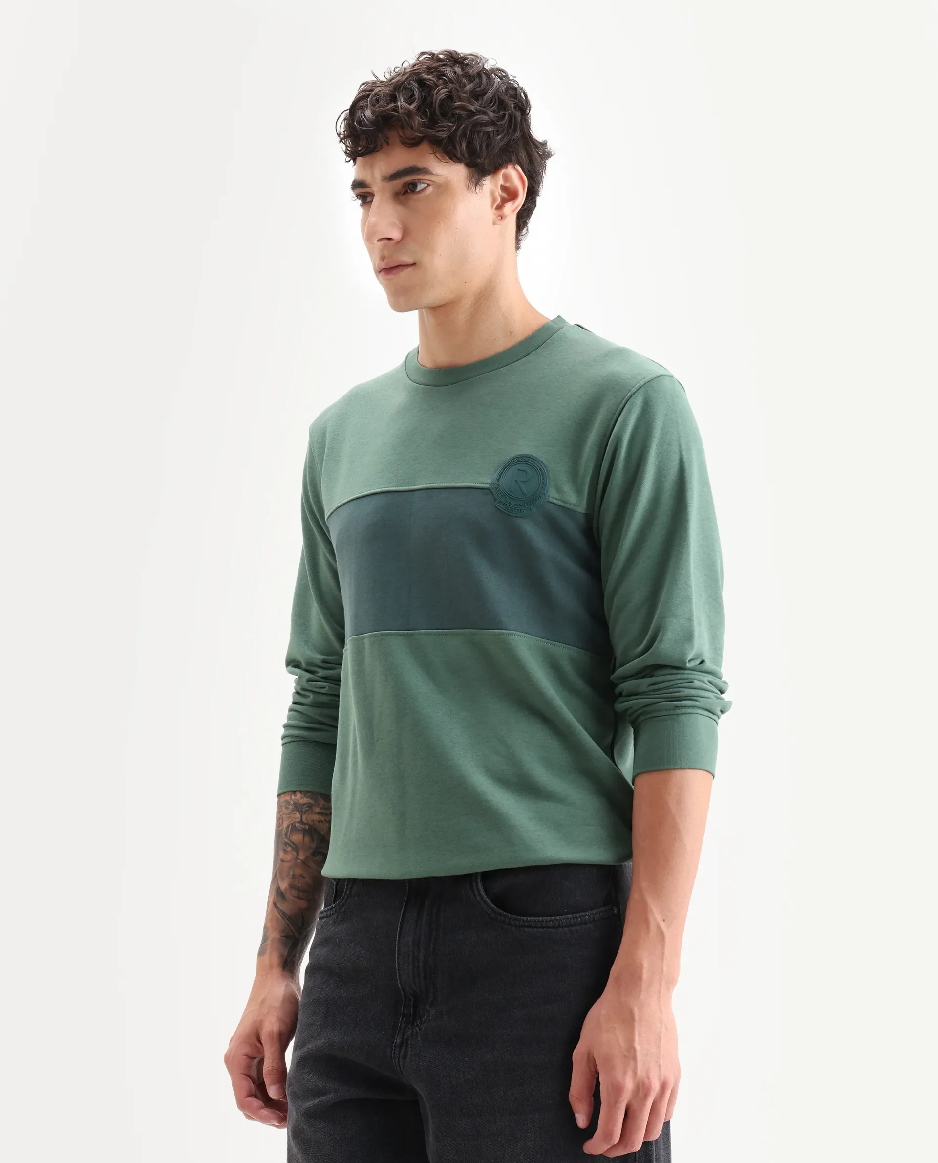 Rare Rabbit Men's Privett Green Cotton Color Block Relaxed Fit Full Sleeve Crew Neck Sweatshirt - Image 4