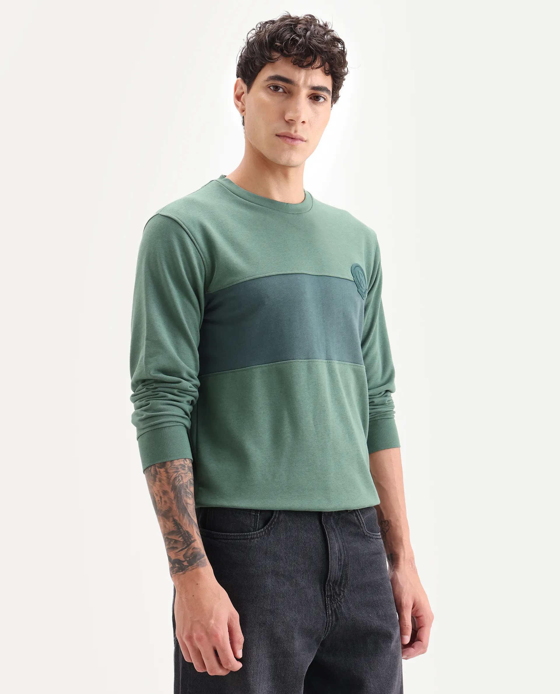 Rare Rabbit Men's Privett Green Cotton Color Block Relaxed Fit Full Sleeve Crew Neck Sweatshirt - Image 5