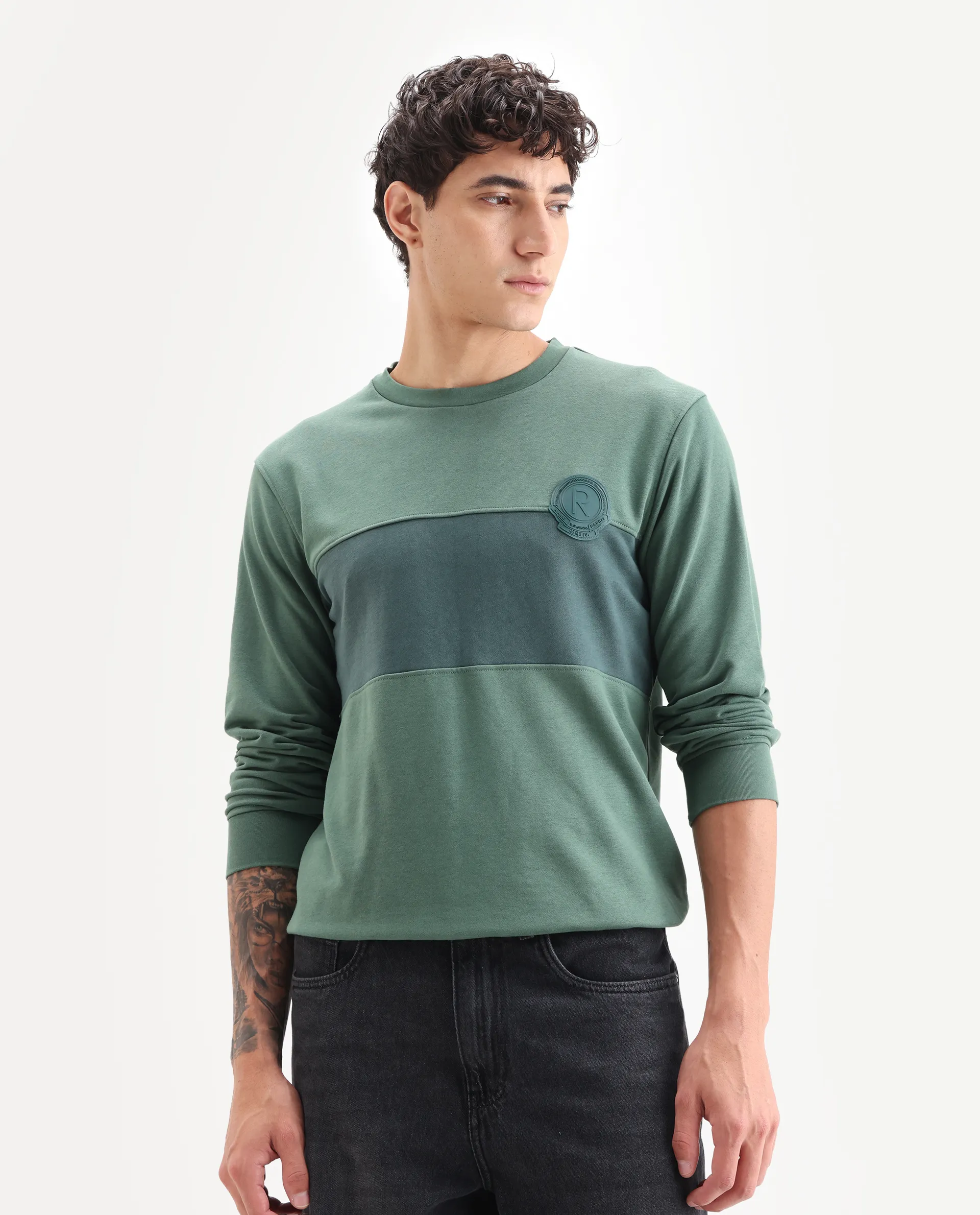Rare Rabbit Men's Privett Green Cotton Color Block Relaxed Fit Full Sleeve Crew Neck Sweatshirt - Image 6
