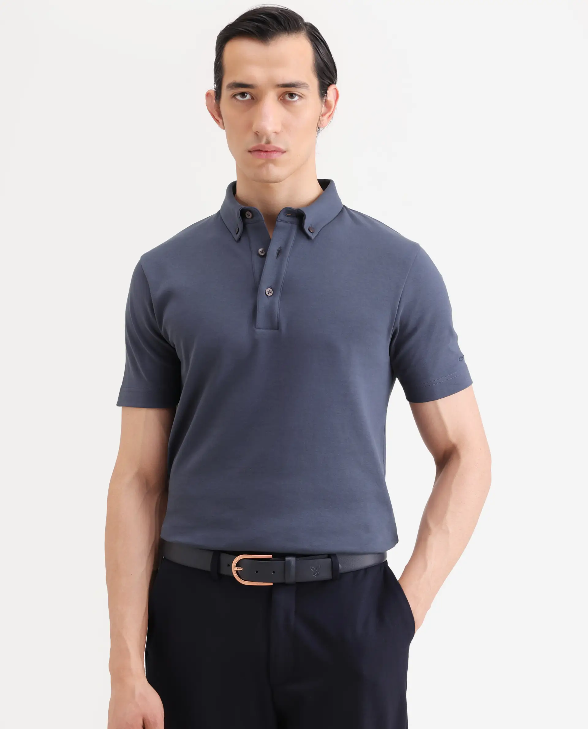 Rare Rabbit Men's Promp Dusky Blue Cotton Blend Fabric Half Sleeve Spread Collar Regular Fit Plain Polo