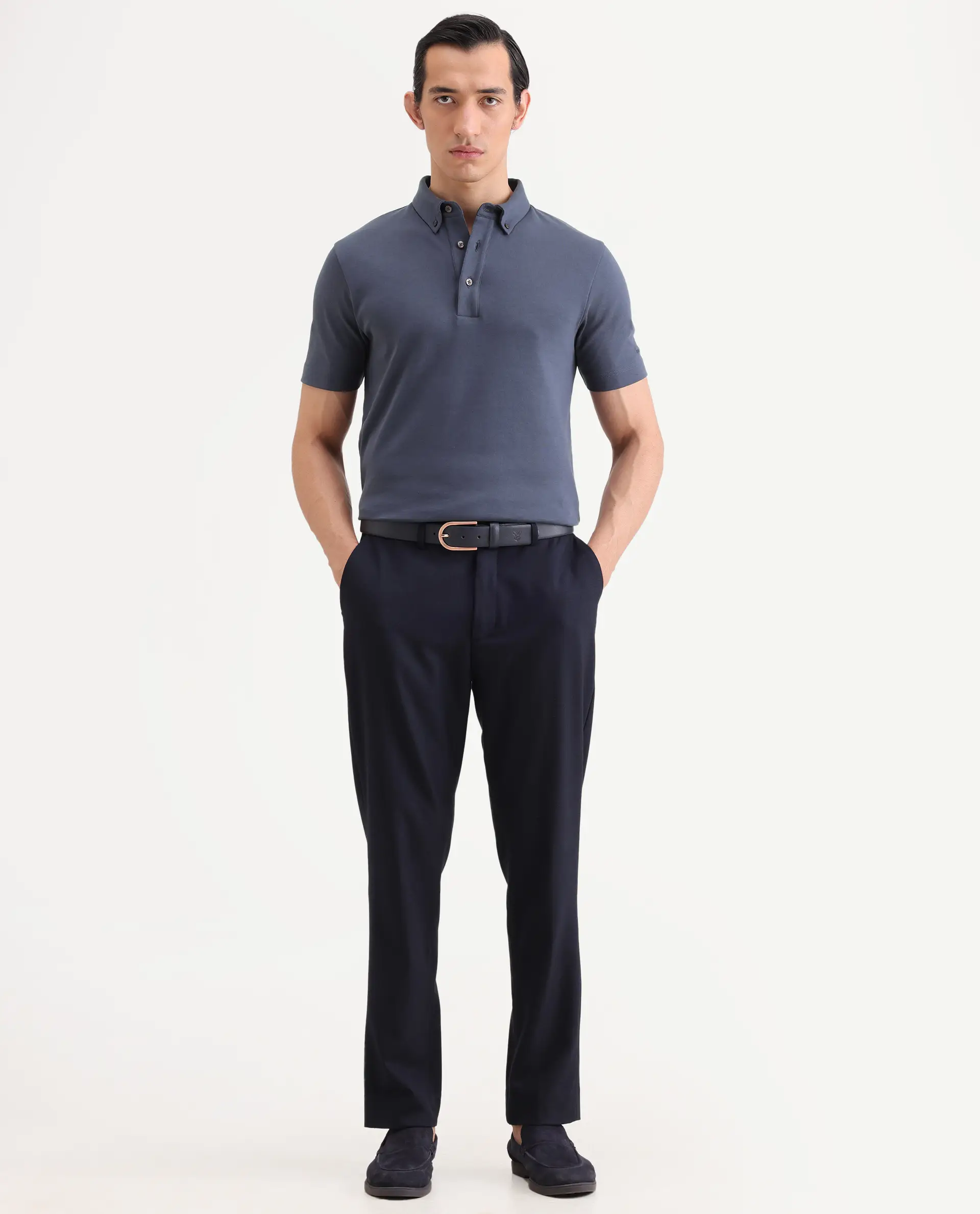 Rare Rabbit Men's Promp Dusky Blue Cotton Blend Fabric Half Sleeve Spread Collar Regular Fit Plain Polo - Image 2
