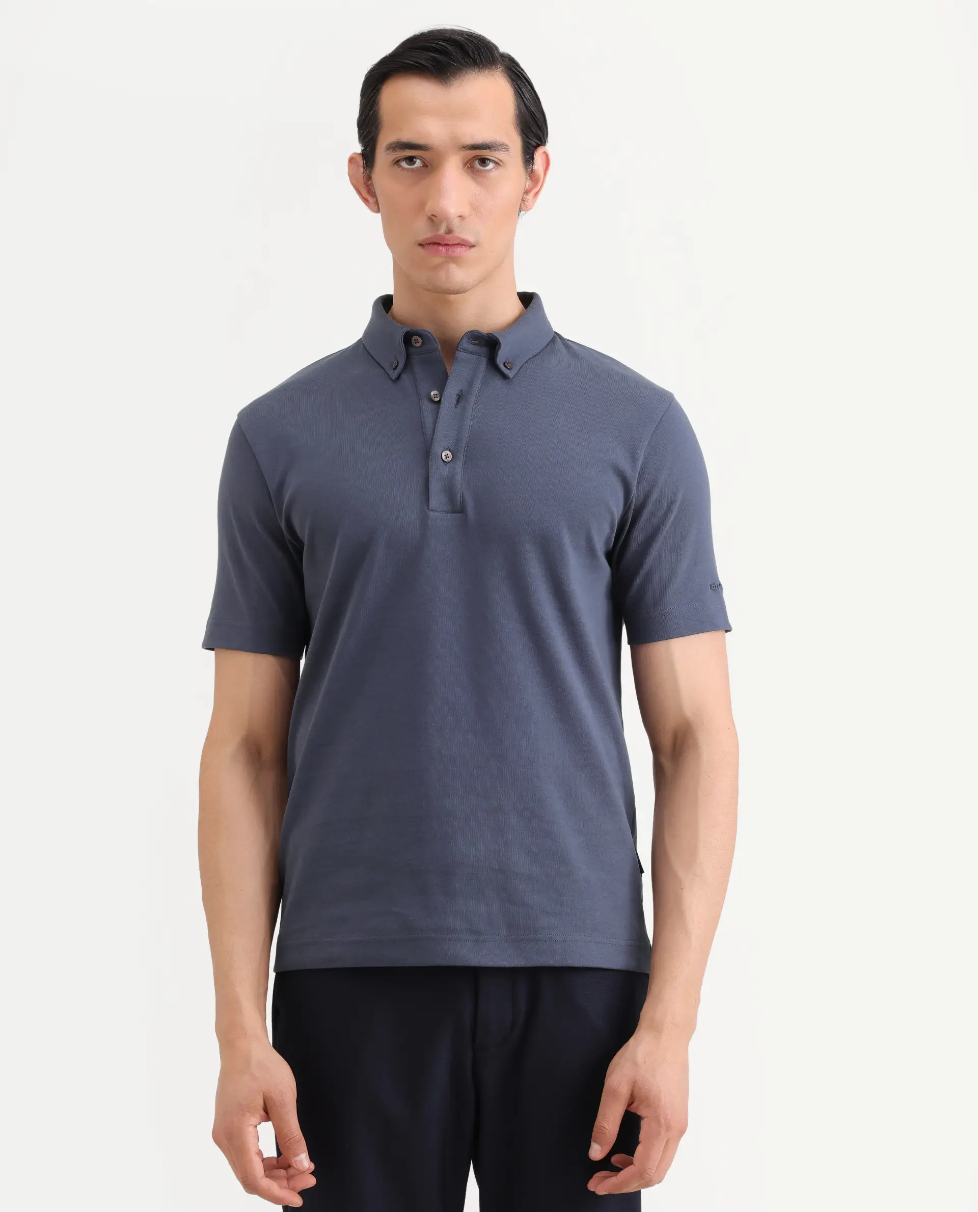 Rare Rabbit Men's Promp Dusky Blue Cotton Blend Fabric Half Sleeve Spread Collar Regular Fit Plain Polo - Image 4