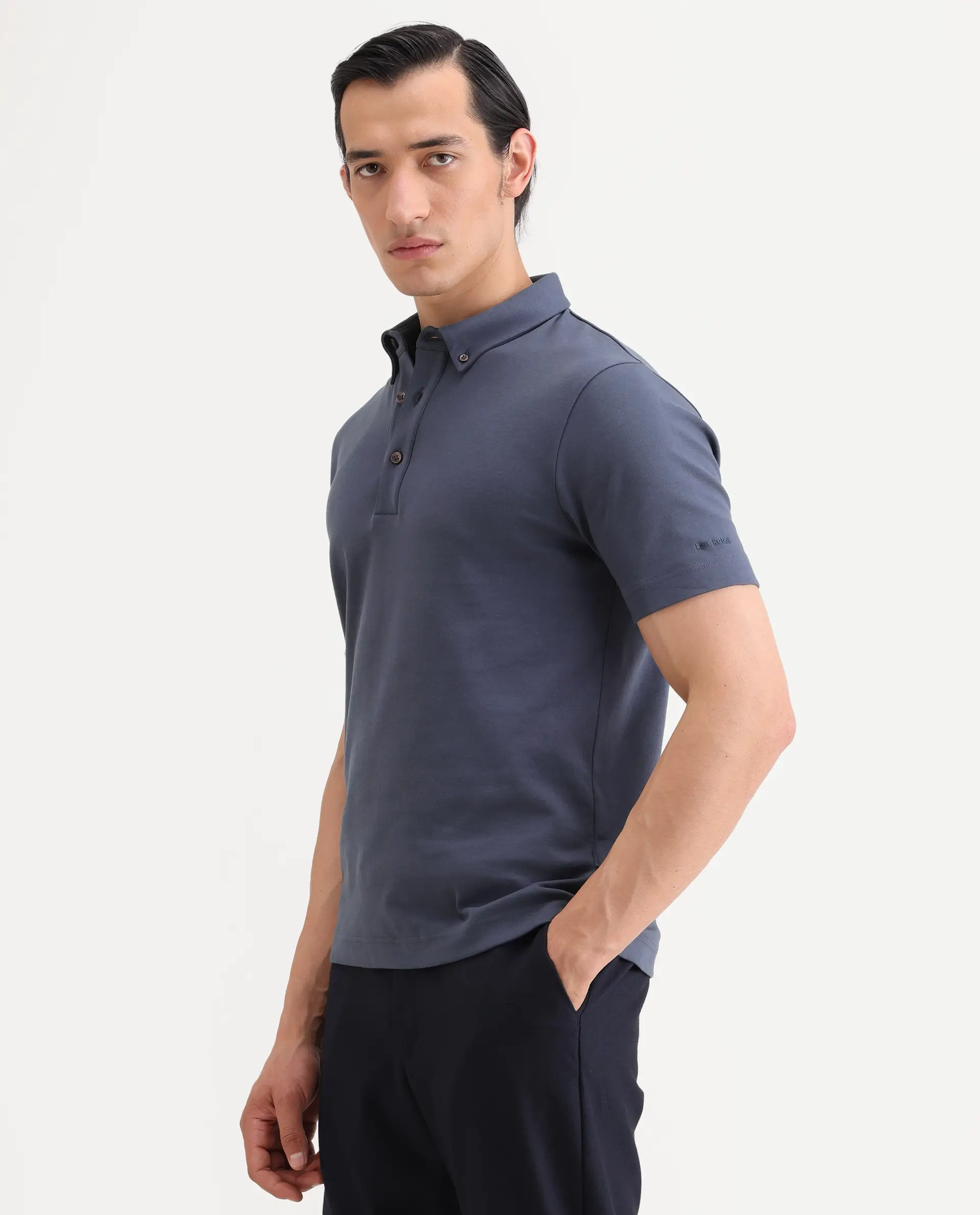 Rare Rabbit Men's Promp Dusky Blue Cotton Blend Fabric Half Sleeve Spread Collar Regular Fit Plain Polo - Image 5
