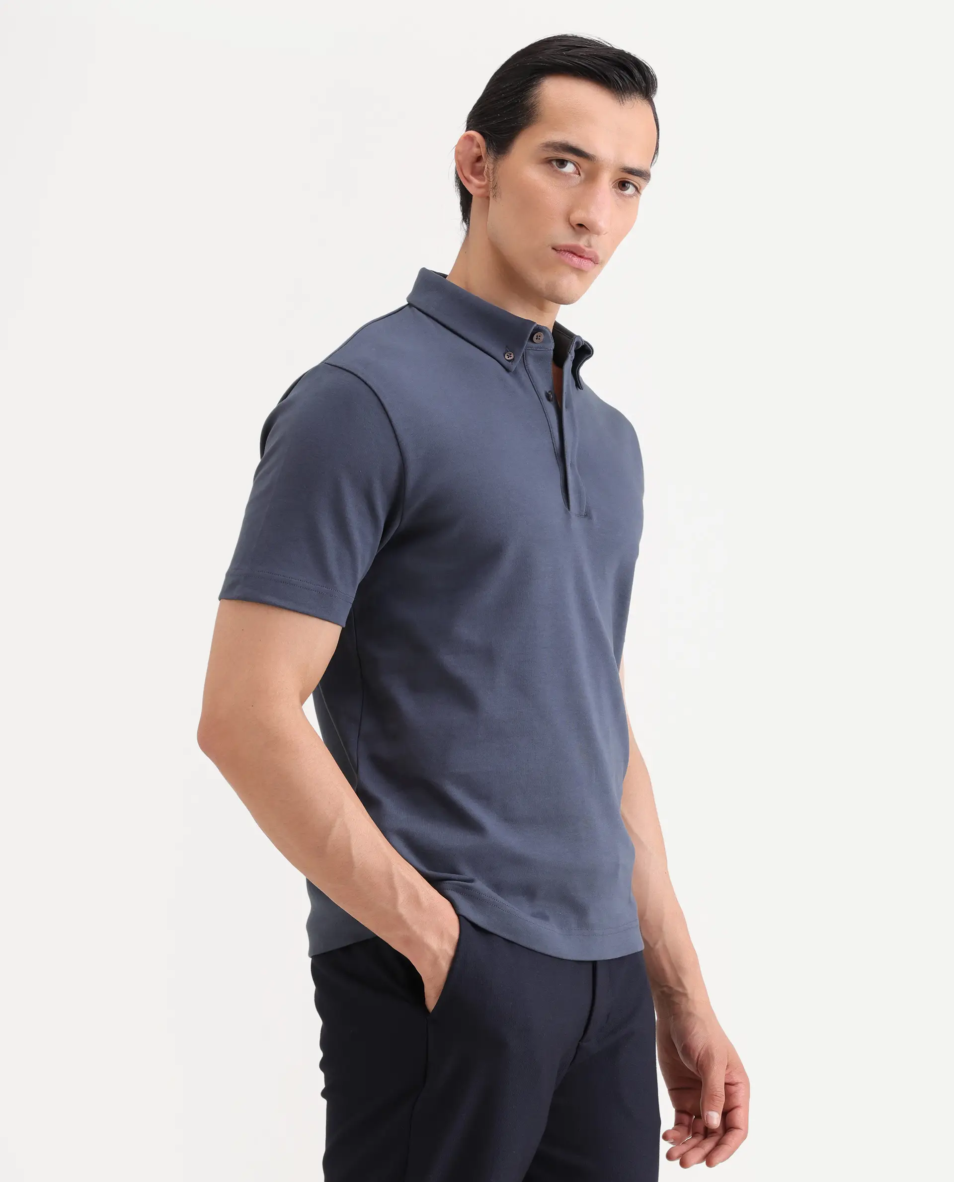 Rare Rabbit Men's Promp Dusky Blue Cotton Blend Fabric Half Sleeve Spread Collar Regular Fit Plain Polo - Image 6