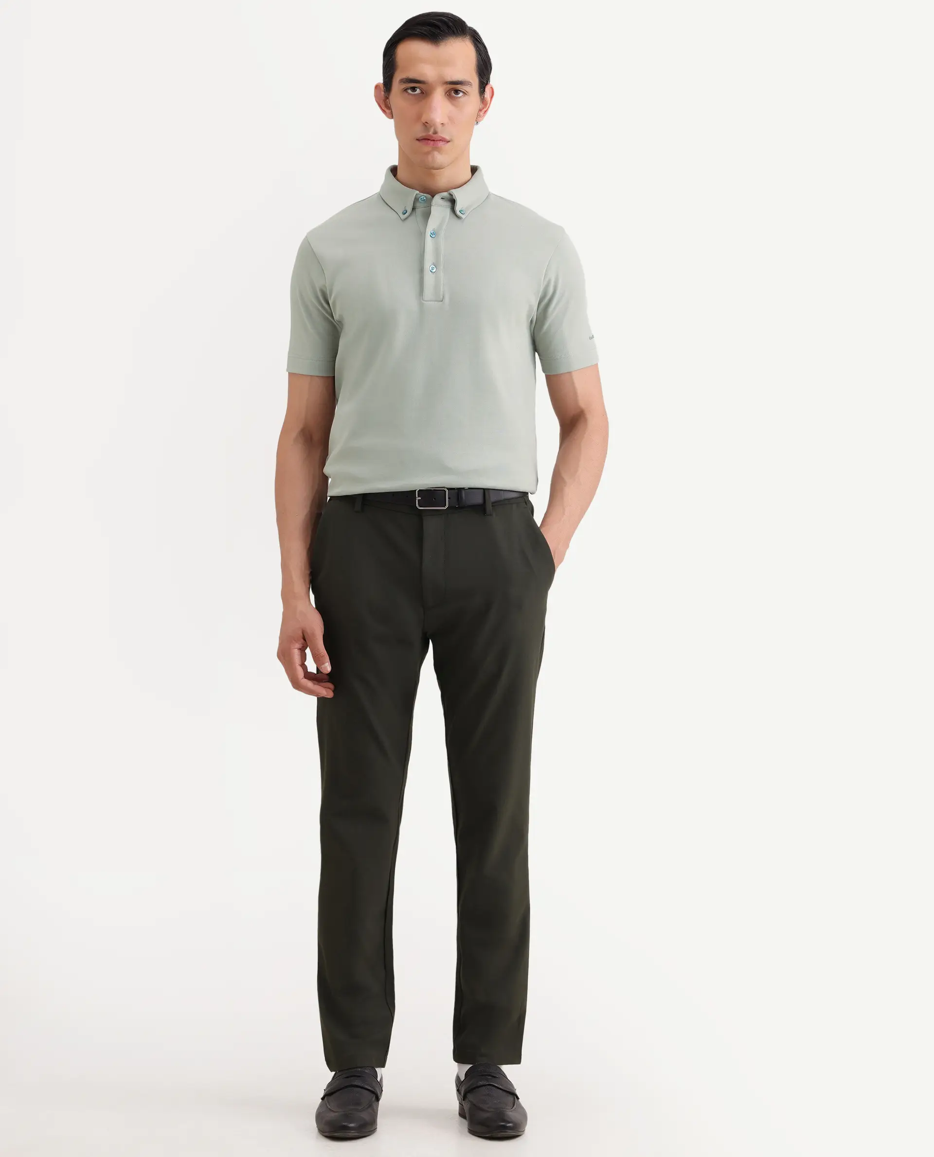 Rare Rabbit Men's Promp Dusky Green Cotton Blend Fabric Half Sleeve Spread Collar Regular Fit Plain Polo - Image 2