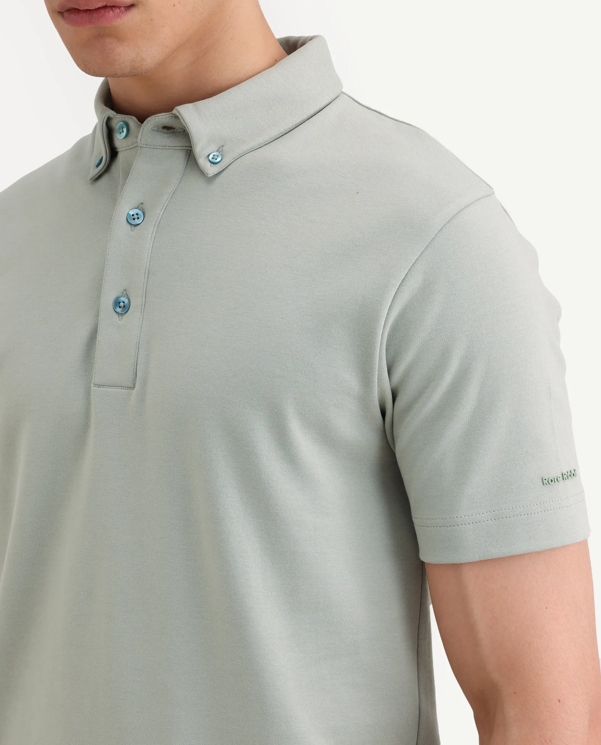 Rare Rabbit Men's Promp Dusky Green Cotton Blend Fabric Half Sleeve Spread Collar Regular Fit Plain Polo - Image 3