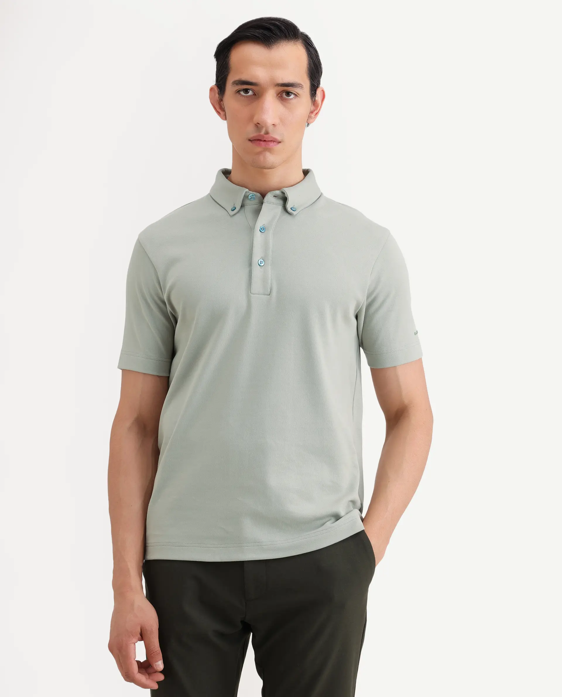 Rare Rabbit Men's Promp Dusky Green Cotton Blend Fabric Half Sleeve Spread Collar Regular Fit Plain Polo - Image 4
