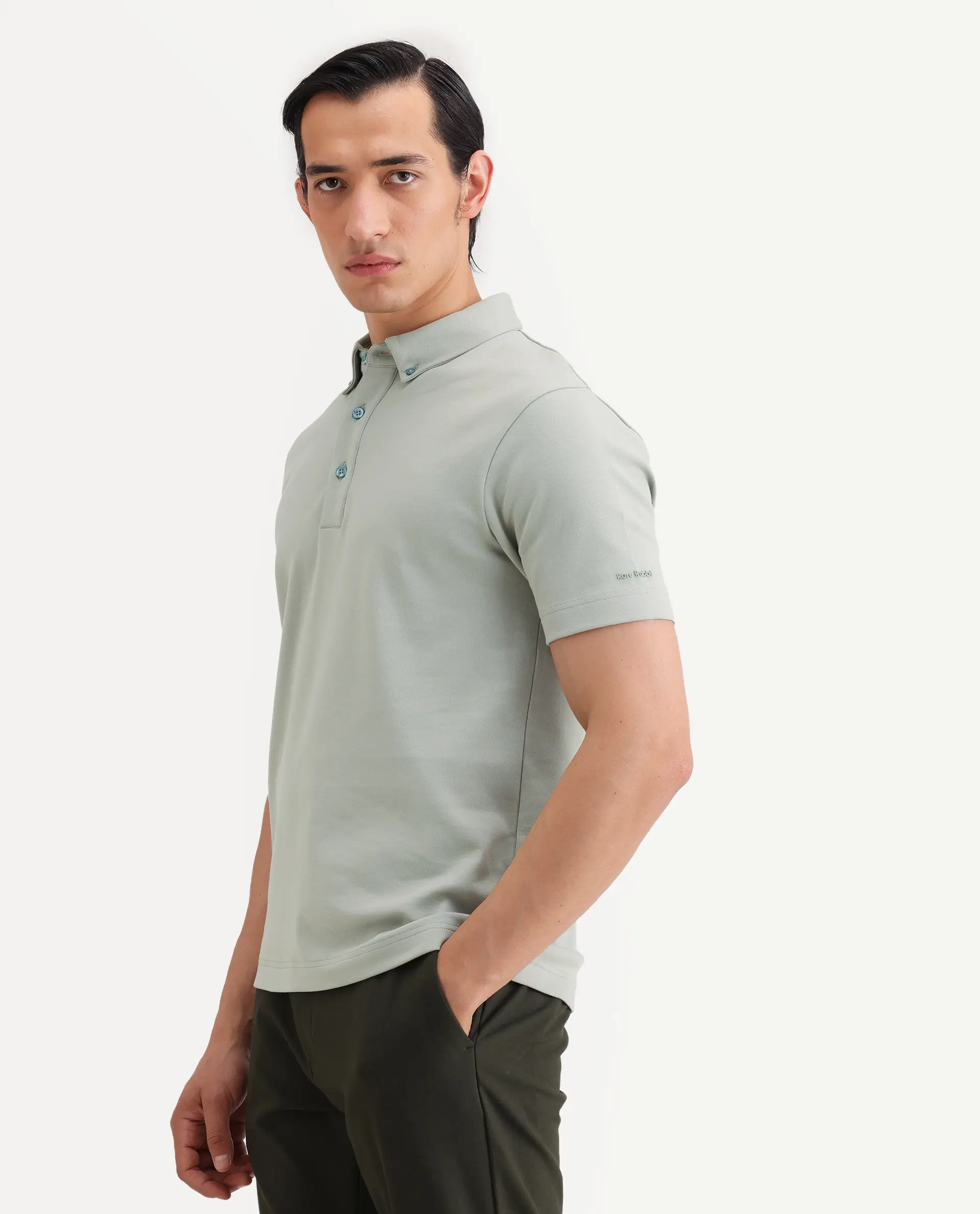 Rare Rabbit Men's Promp Dusky Green Cotton Blend Fabric Half Sleeve Spread Collar Regular Fit Plain Polo - Image 5