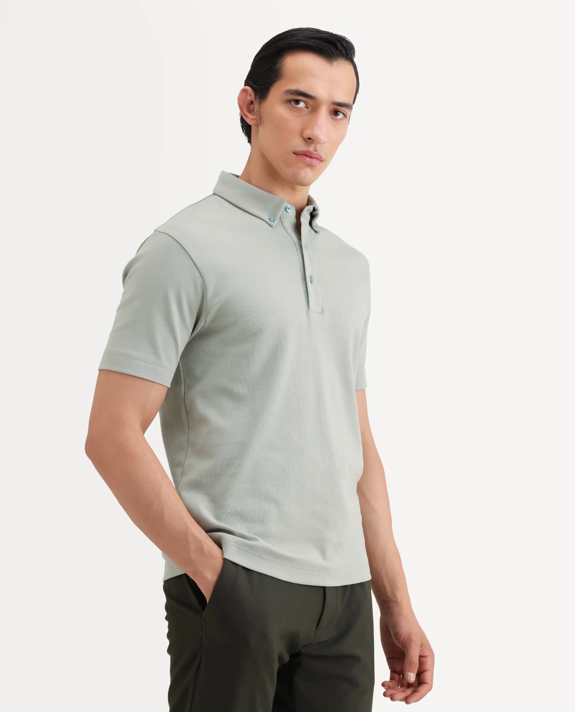 Rare Rabbit Men's Promp Dusky Green Cotton Blend Fabric Half Sleeve Spread Collar Regular Fit Plain Polo - Image 6