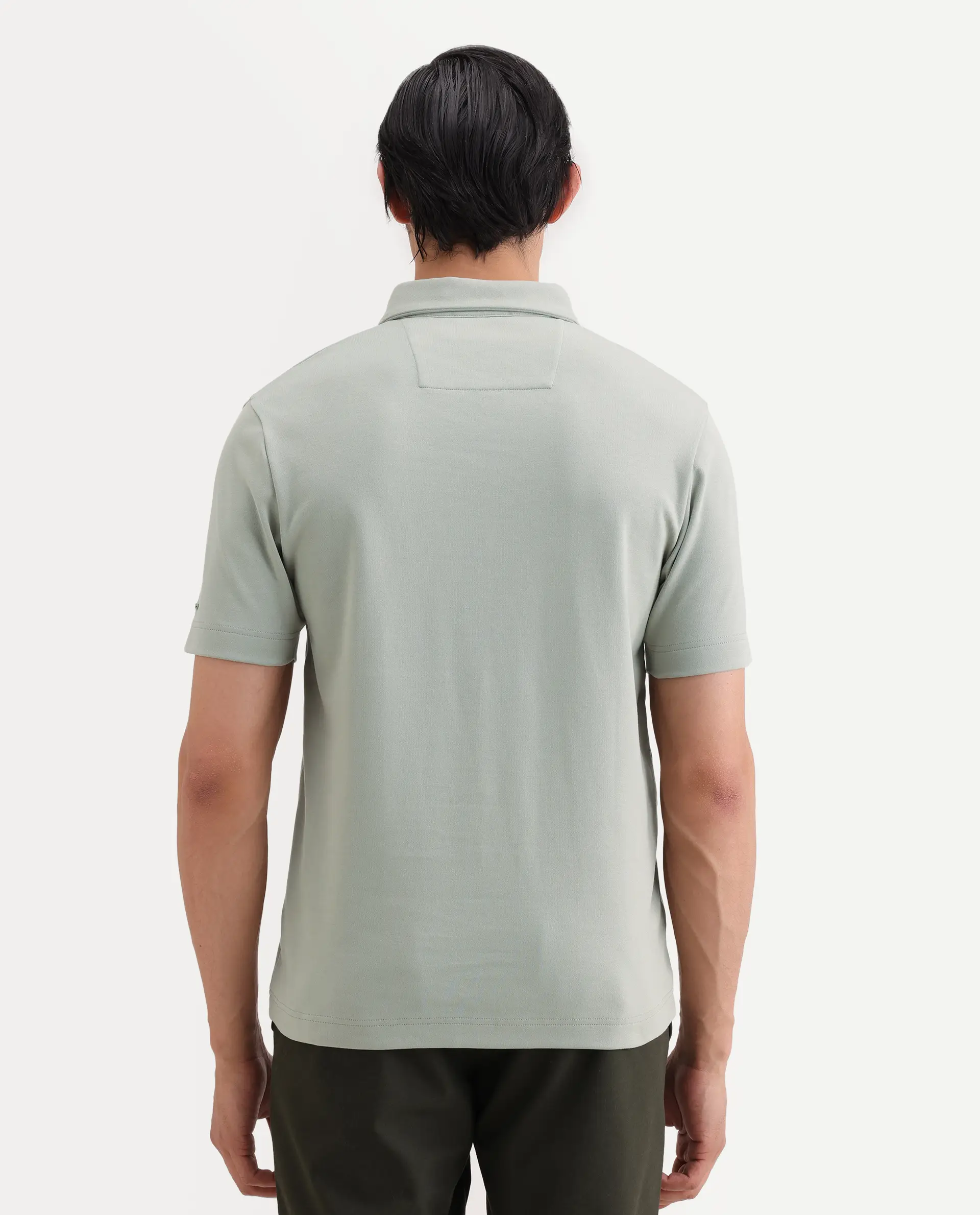 Rare Rabbit Men's Promp Dusky Green Cotton Blend Fabric Half Sleeve Spread Collar Regular Fit Plain Polo - Image 7
