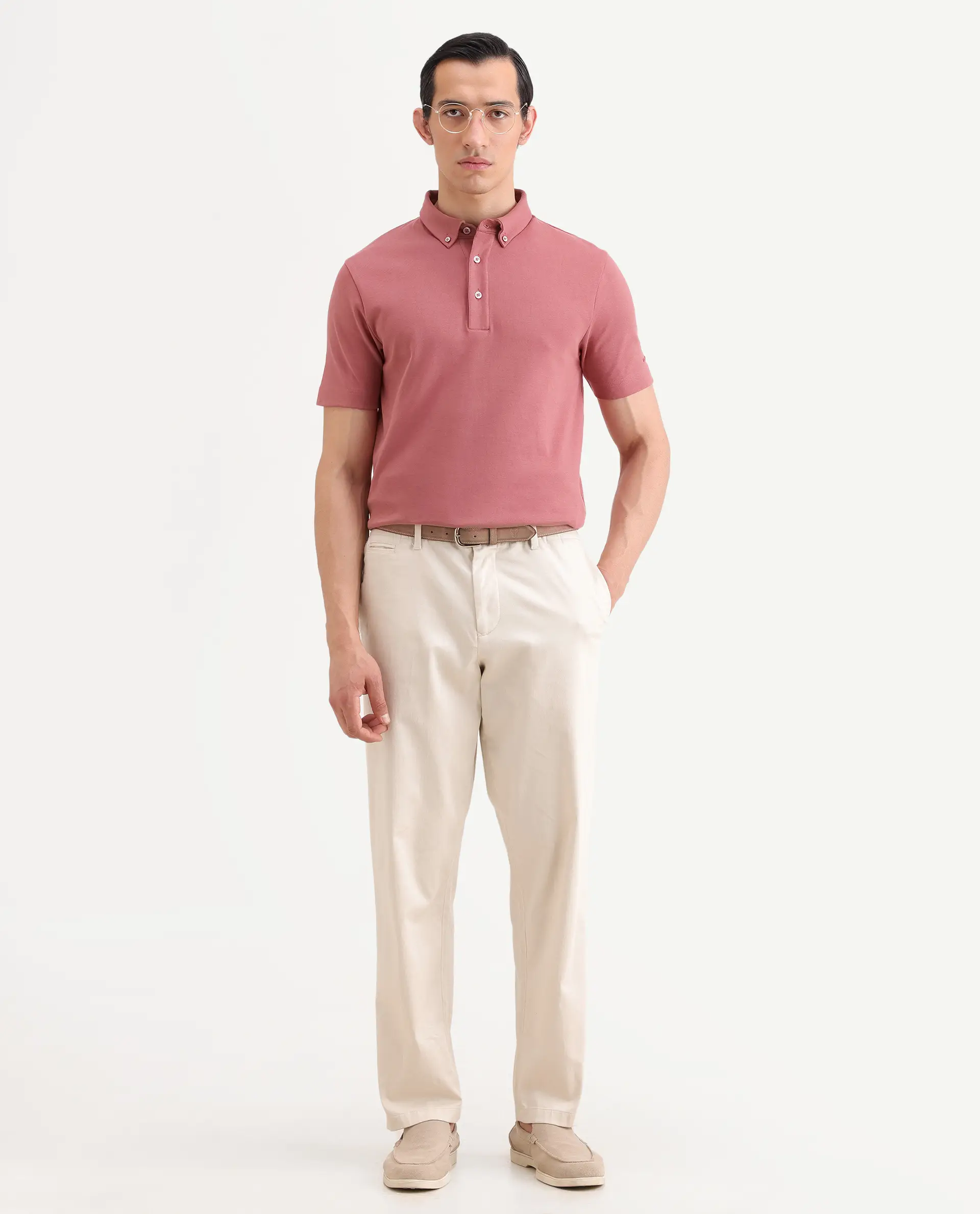 Rare Rabbit Men's Promp Dusky Pink Cotton Blend Fabric Half Sleeve Spread Collar Regular Fit Plain Polo - Image 2