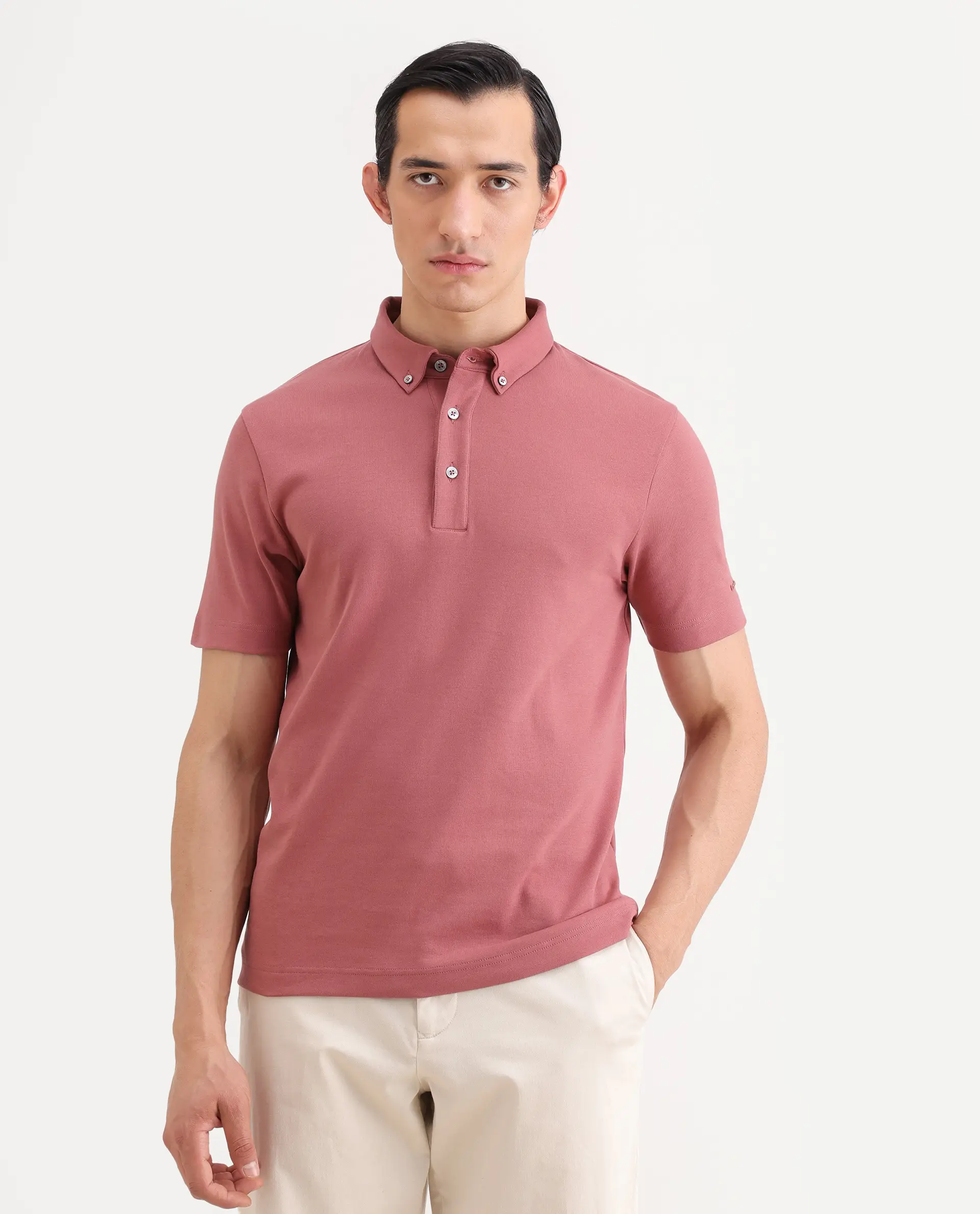 Rare Rabbit Men's Promp Dusky Pink Cotton Blend Fabric Half Sleeve Spread Collar Regular Fit Plain Polo - Image 5
