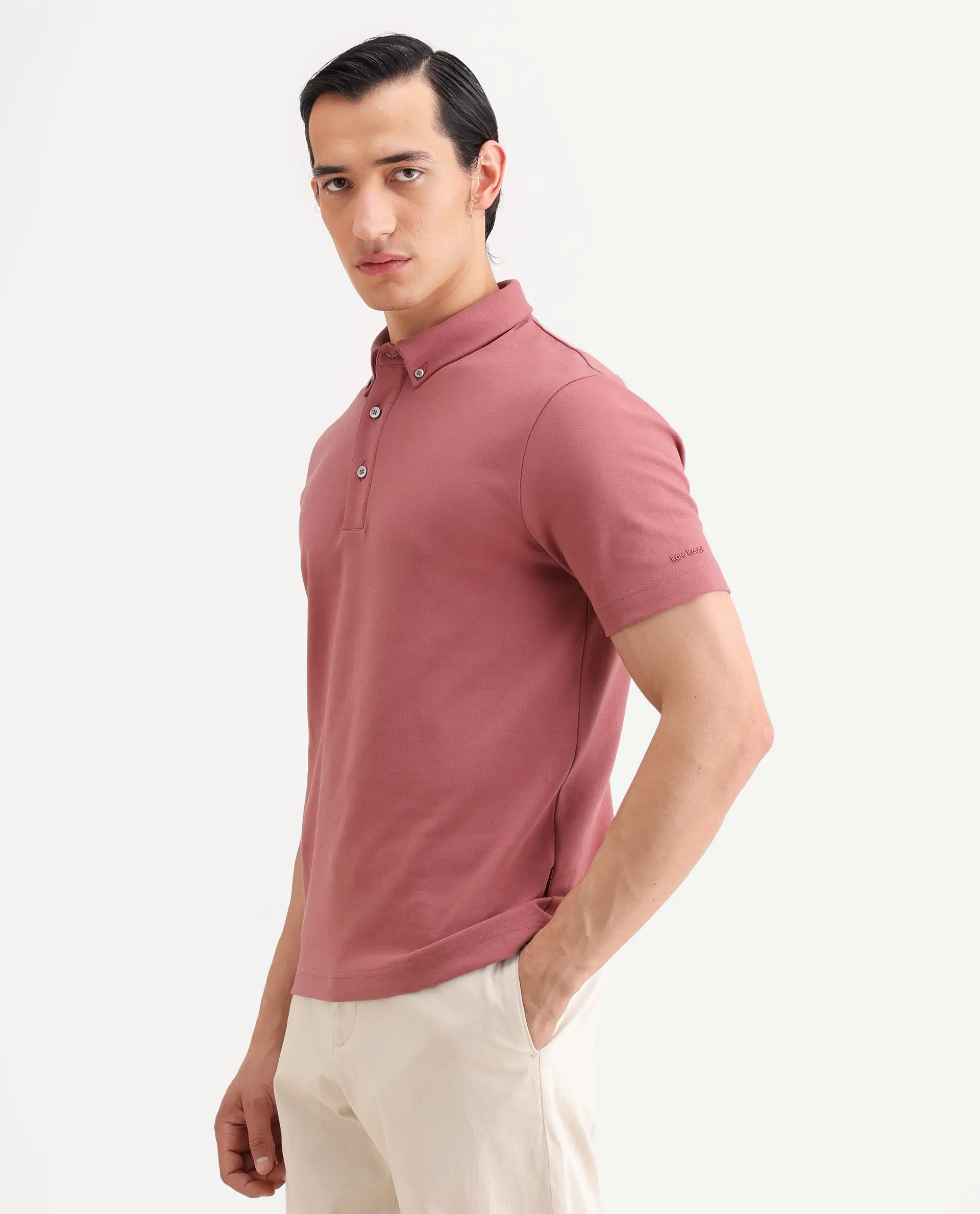 Rare Rabbit Men's Promp Dusky Pink Cotton Blend Fabric Half Sleeve Spread Collar Regular Fit Plain Polo - Image 6