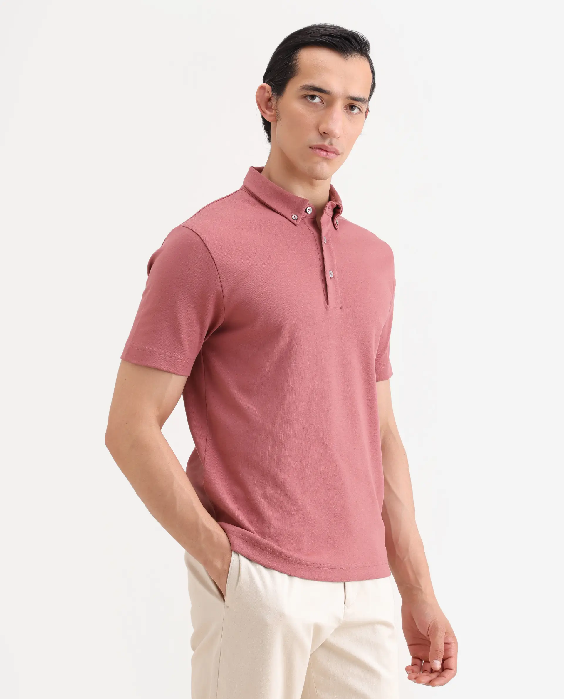Rare Rabbit Men's Promp Dusky Pink Cotton Blend Fabric Half Sleeve Spread Collar Regular Fit Plain Polo - Image 7