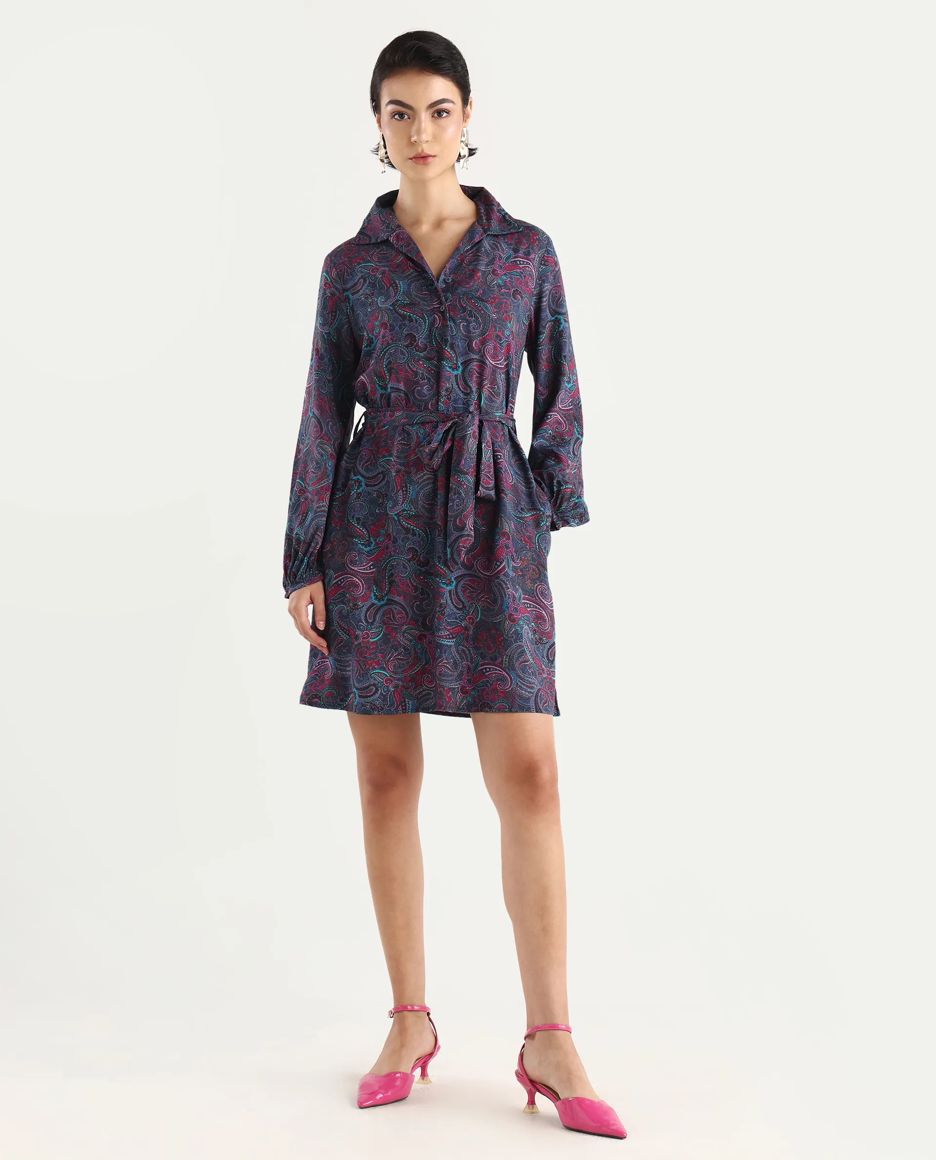 Rareism Women's Pronat Multi Viscose Drop Collar Paisley Print Bishop Sleeve Mini Fit And Flare Dress - Image 2