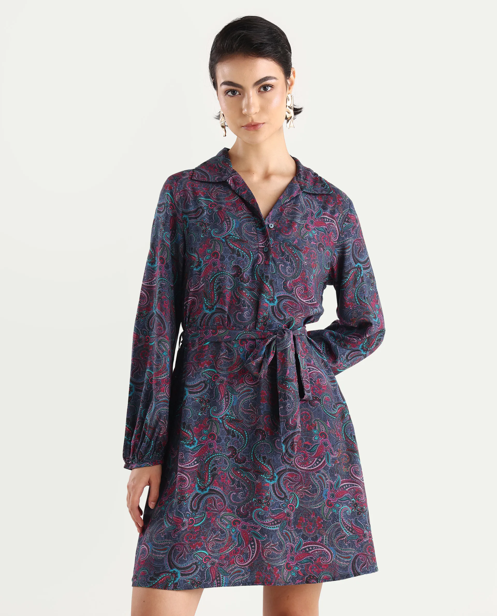 Rareism Women's Pronat Multi Viscose Drop Collar Paisley Print Bishop Sleeve Mini Fit And Flare Dress - Image 3