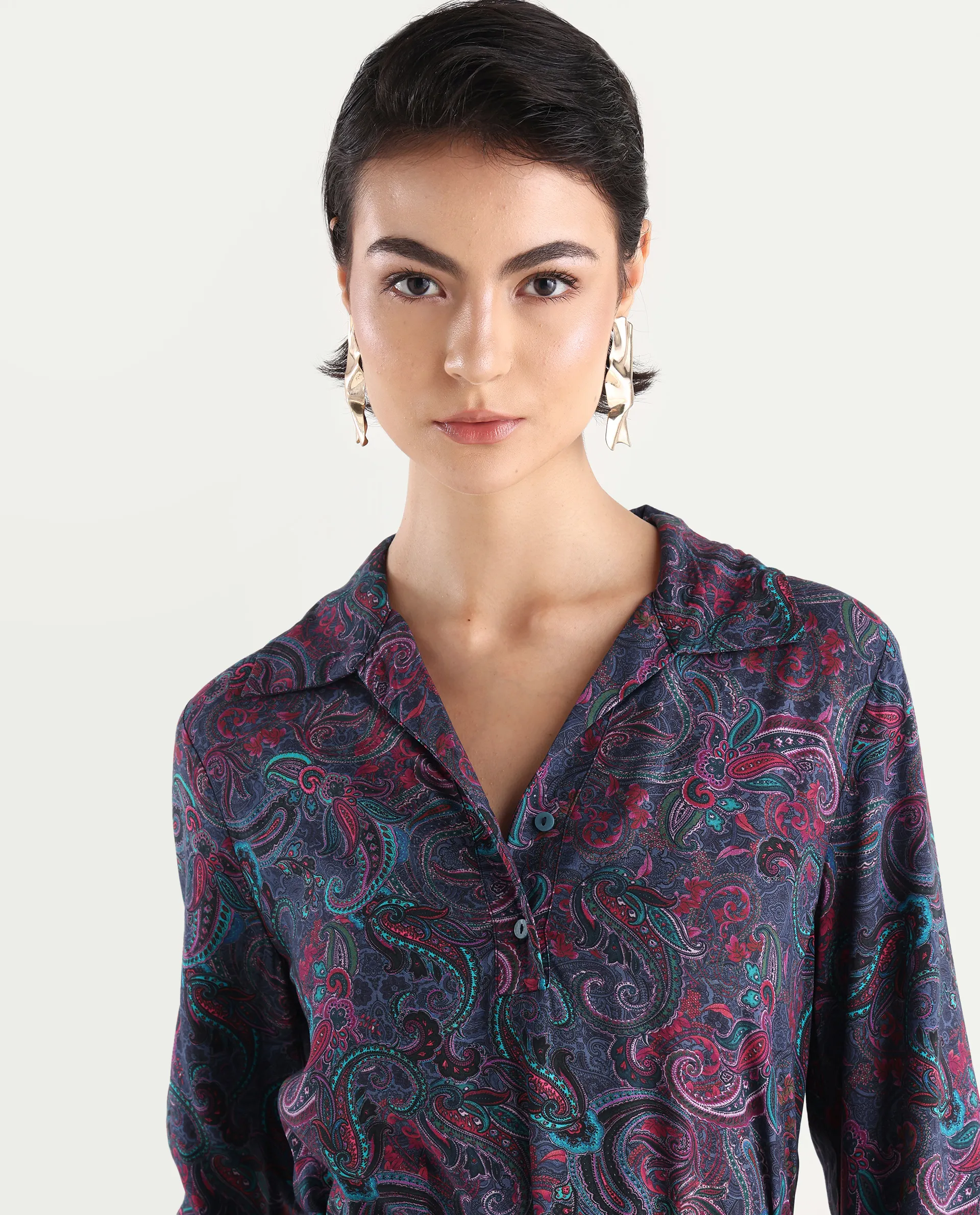 Rareism Women's Pronat Multi Viscose Drop Collar Paisley Print Bishop Sleeve Mini Fit And Flare Dress - Image 4