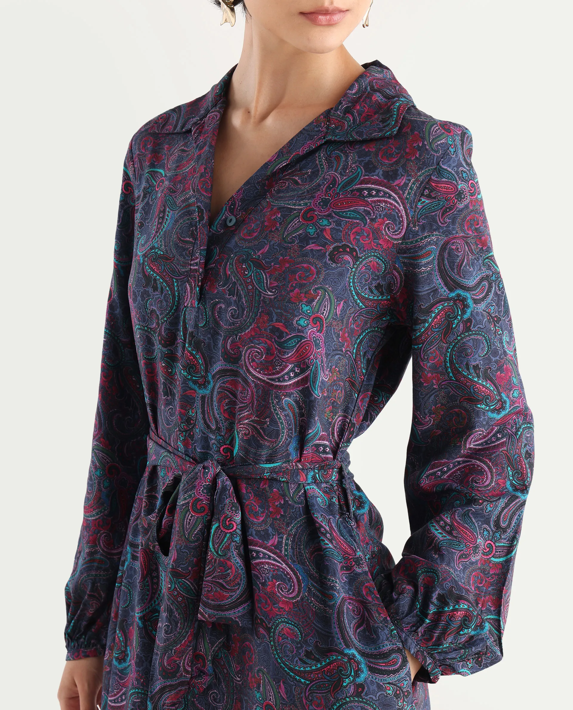 Rareism Women's Pronat Multi Viscose Drop Collar Paisley Print Bishop Sleeve Mini Fit And Flare Dress - Image 5