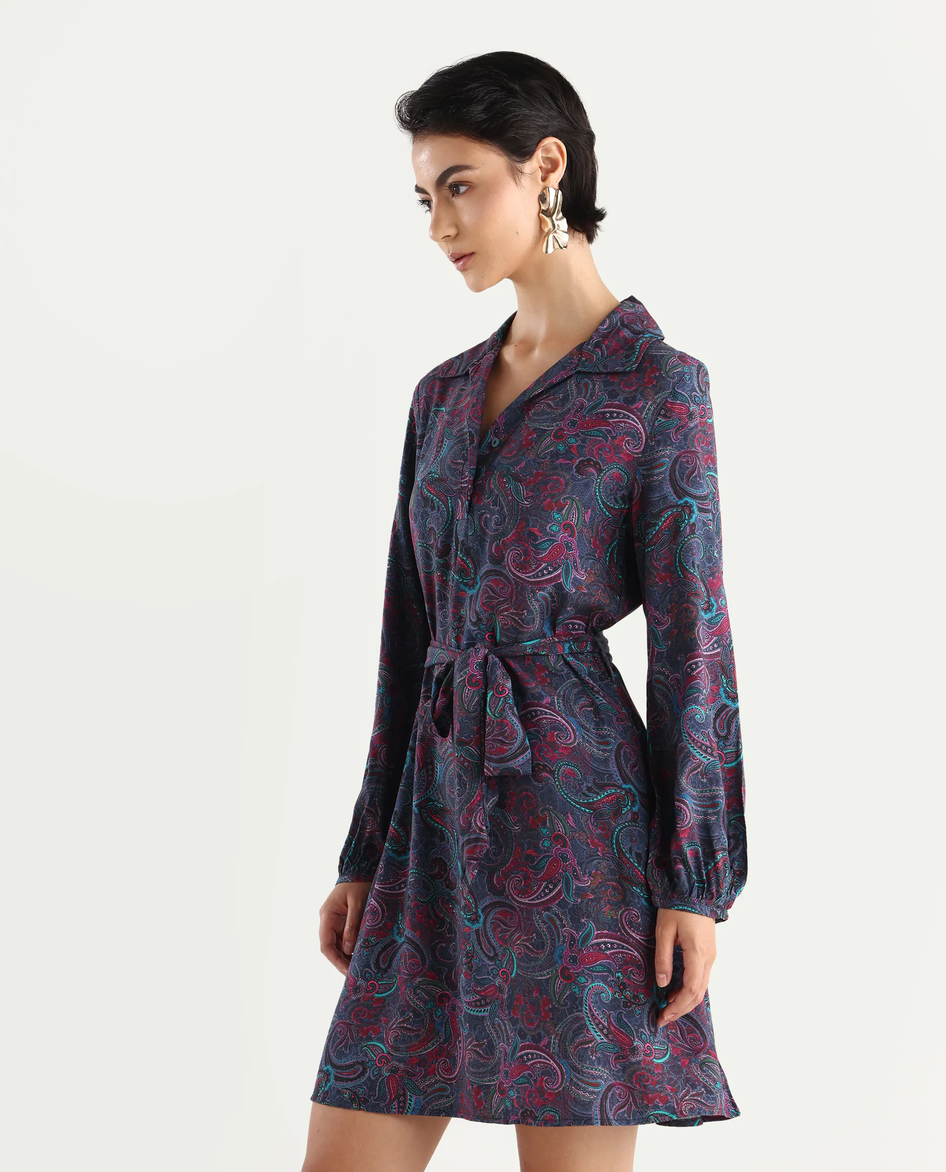 Rareism Women's Pronat Multi Viscose Drop Collar Paisley Print Bishop Sleeve Mini Fit And Flare Dress - Image 6