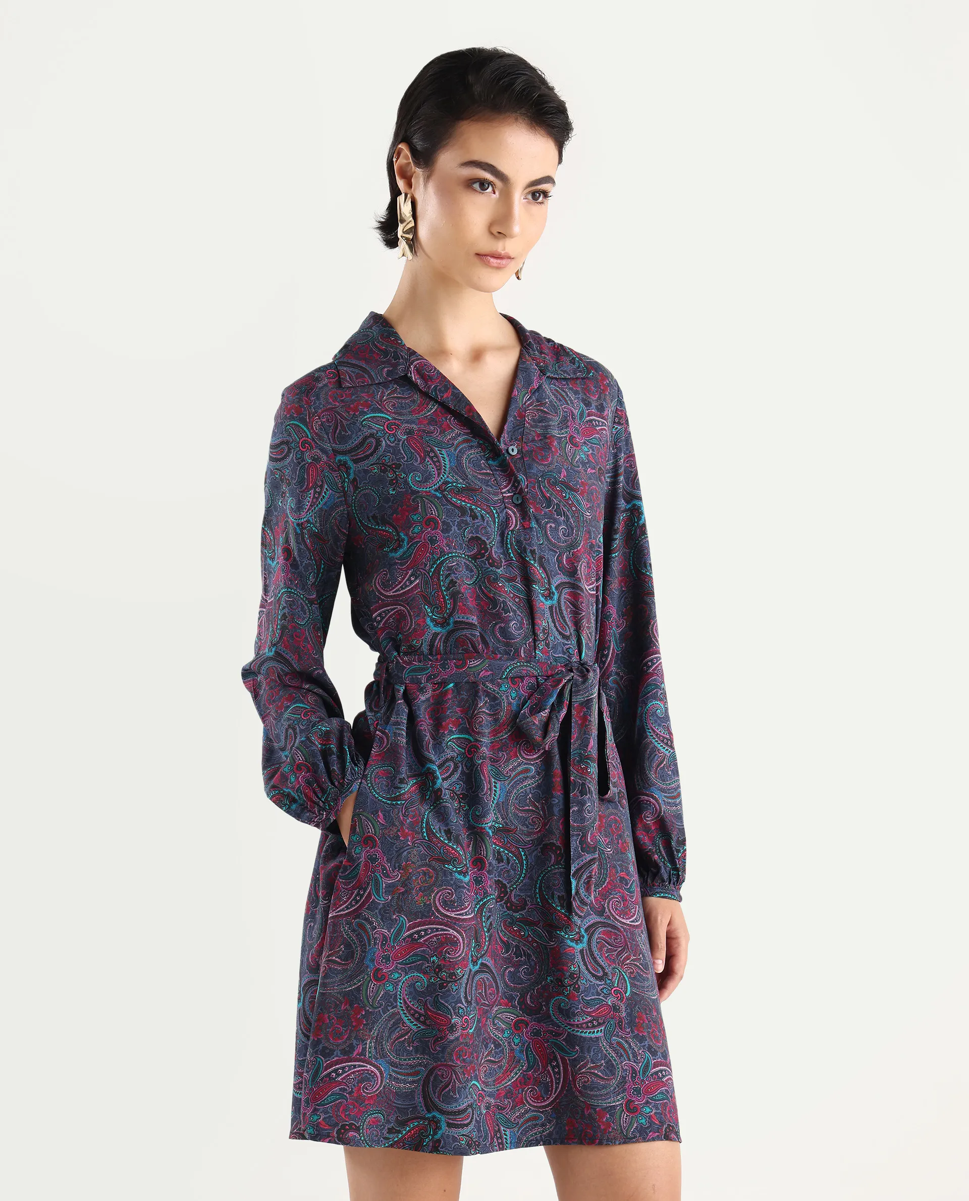 Rareism Women's Pronat Multi Viscose Drop Collar Paisley Print Bishop Sleeve Mini Fit And Flare Dress - Image 7