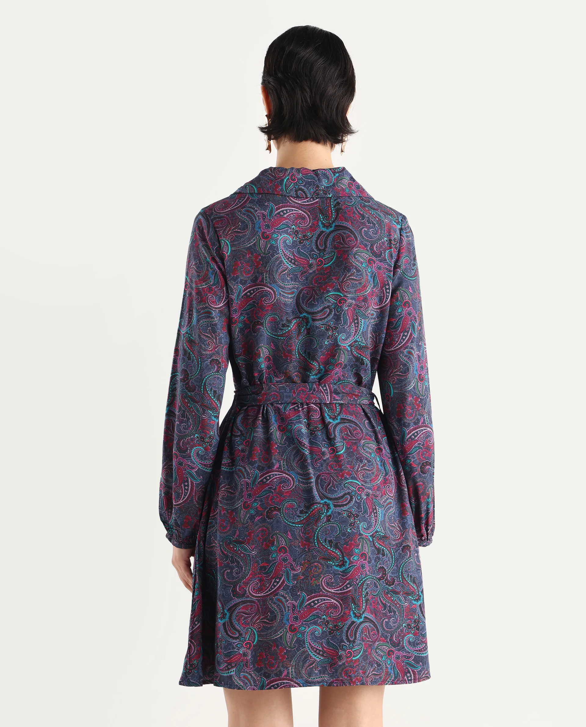 Rareism Women's Pronat Multi Viscose Drop Collar Paisley Print Bishop Sleeve Mini Fit And Flare Dress - Image 8