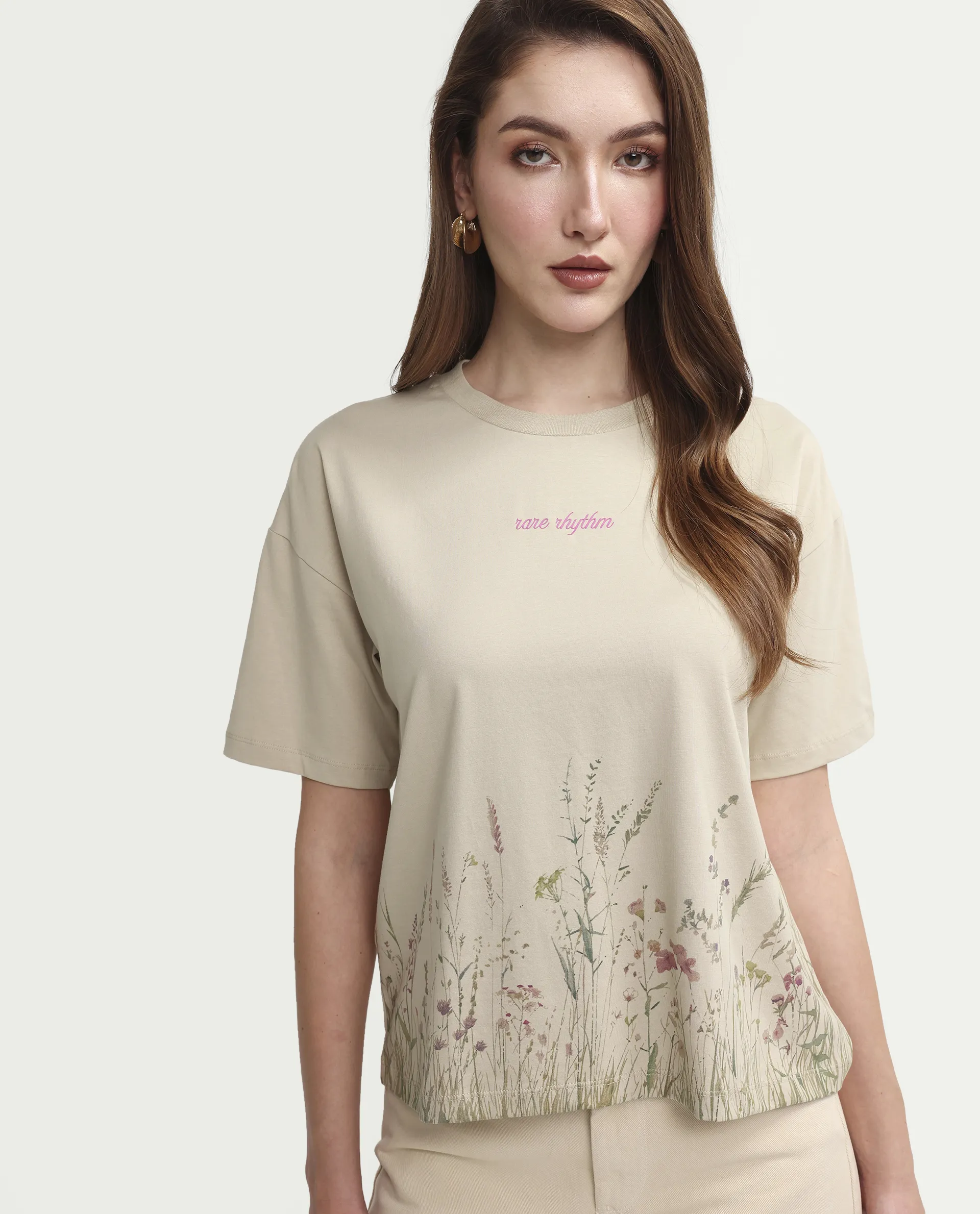 Rareism Women's Pront Beige Cotton Blend Crew Neck Floral Print Boxy Fit T-Shirt