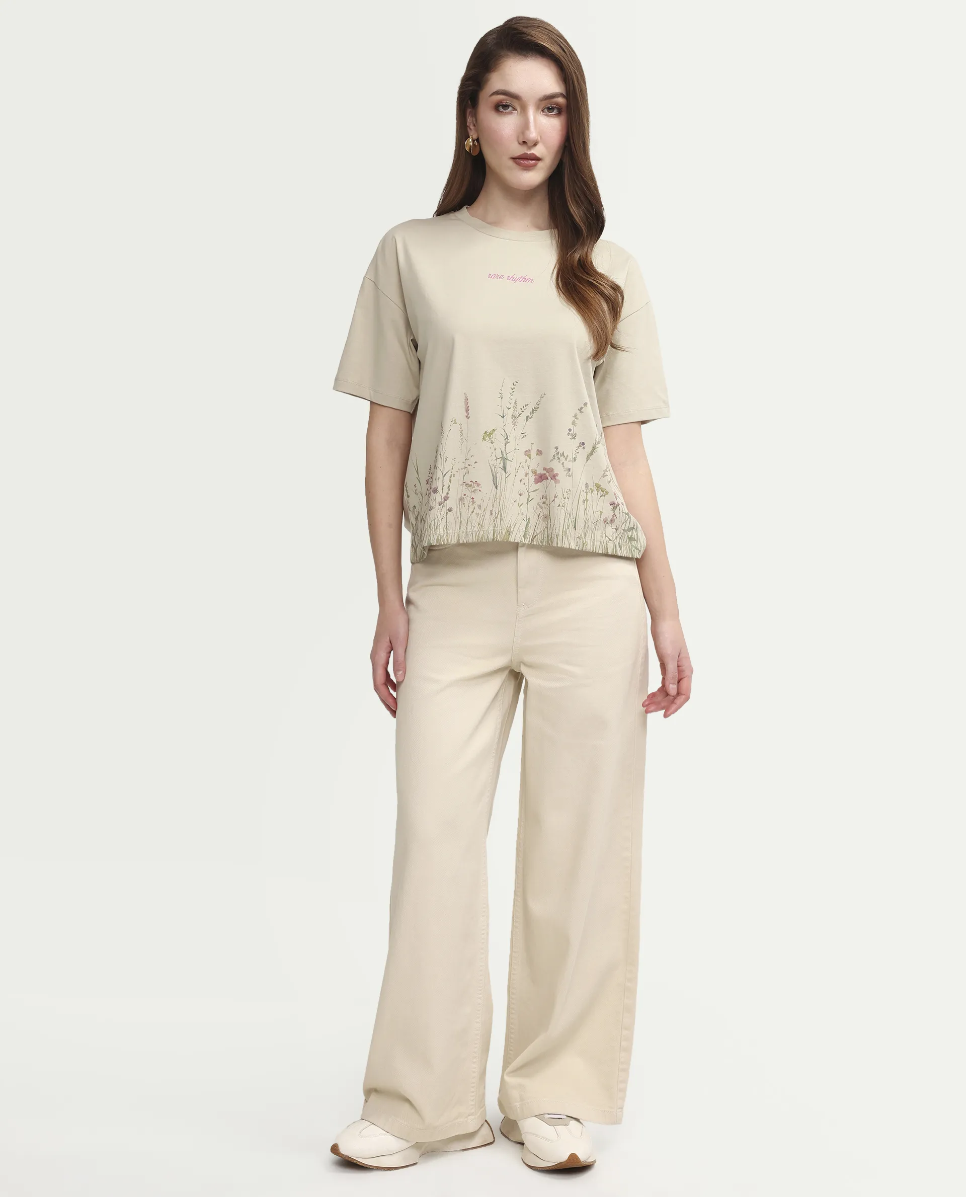 Rareism Women's Pront Beige Cotton Blend Crew Neck Floral Print Boxy Fit T-Shirt - Image 2