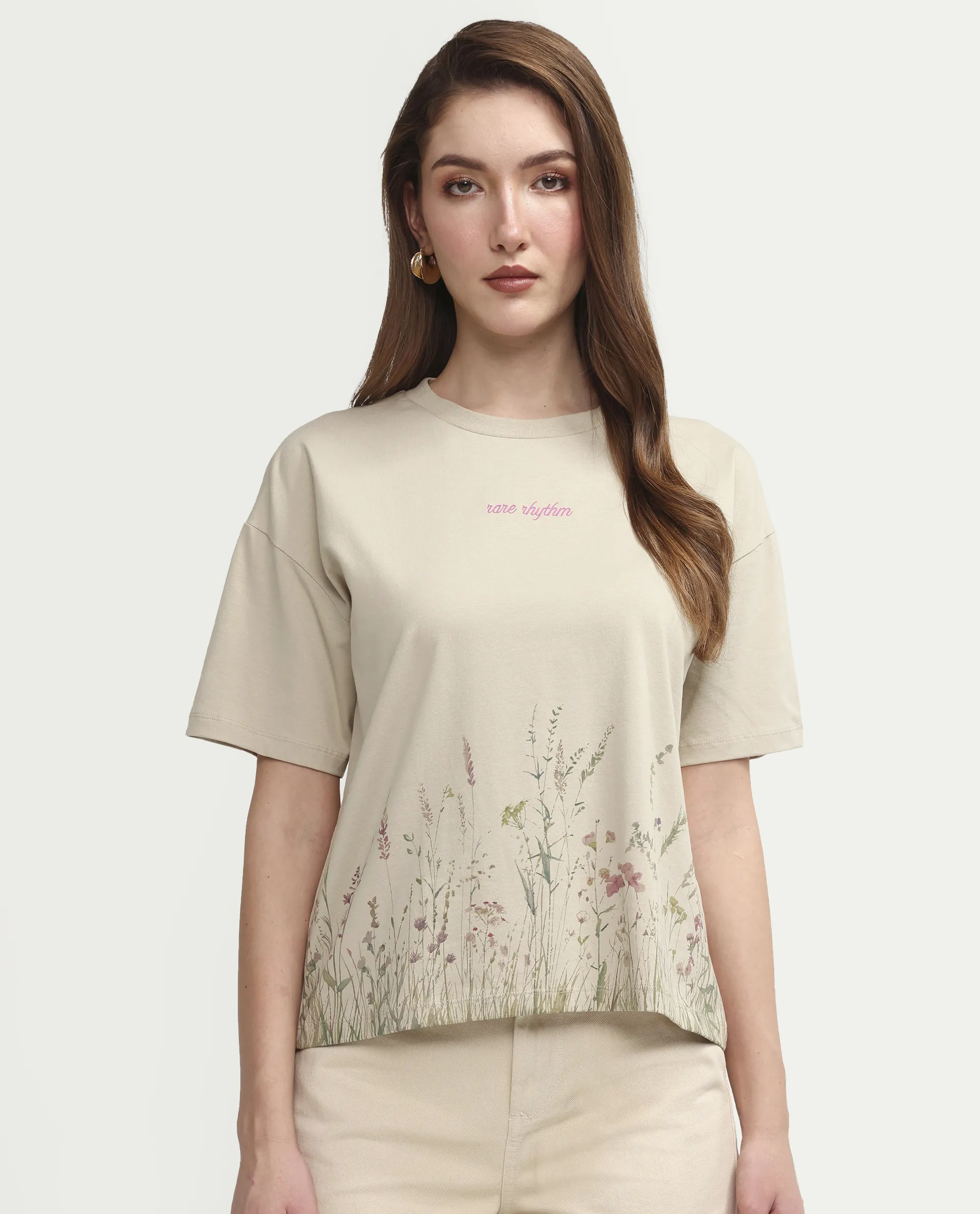 Rareism Women's Pront Beige Cotton Blend Crew Neck Floral Print Boxy Fit T-Shirt - Image 3