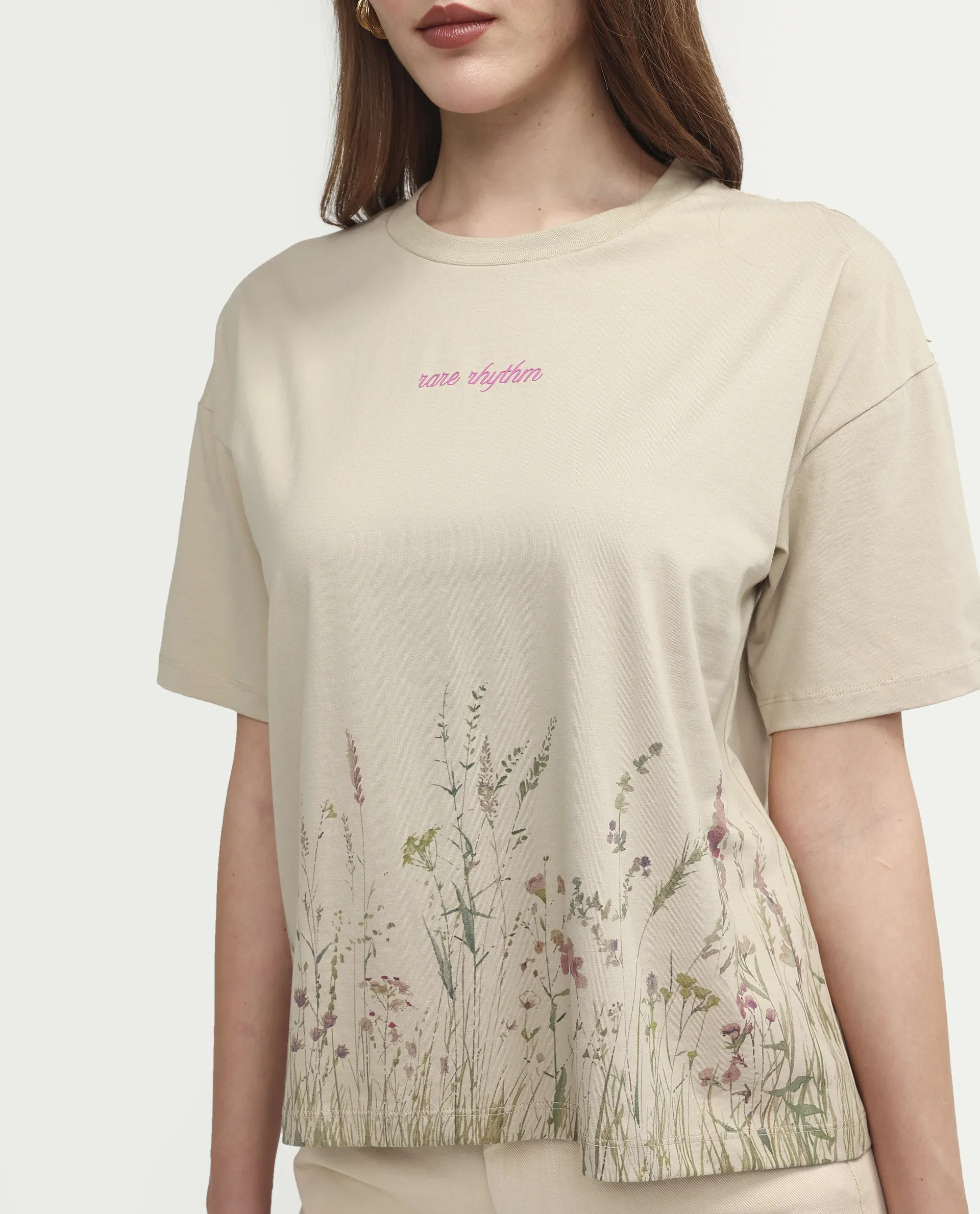 Rareism Women's Pront Beige Cotton Blend Crew Neck Floral Print Boxy Fit T-Shirt - Image 4