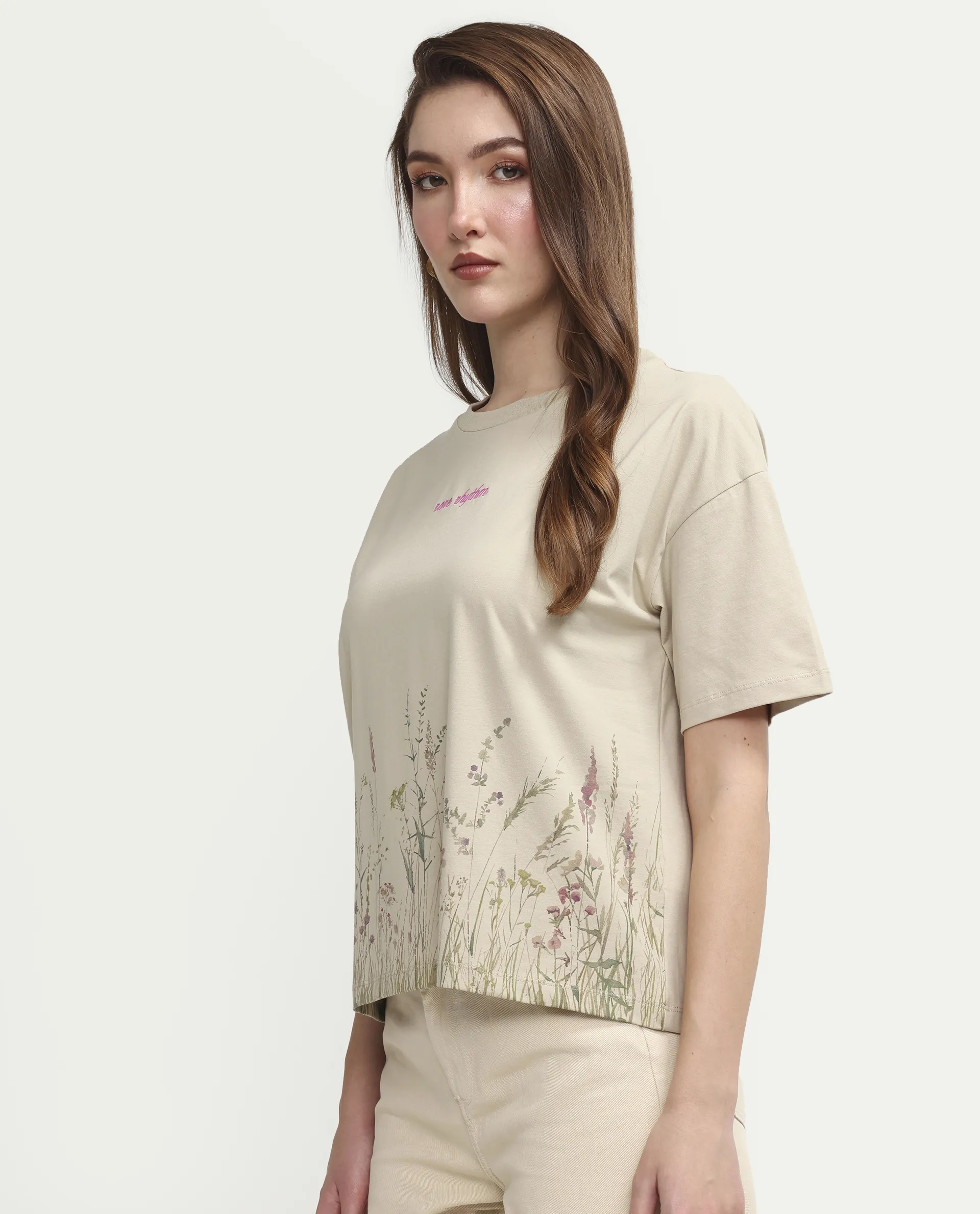 Rareism Women's Pront Beige Cotton Blend Crew Neck Floral Print Boxy Fit T-Shirt - Image 5