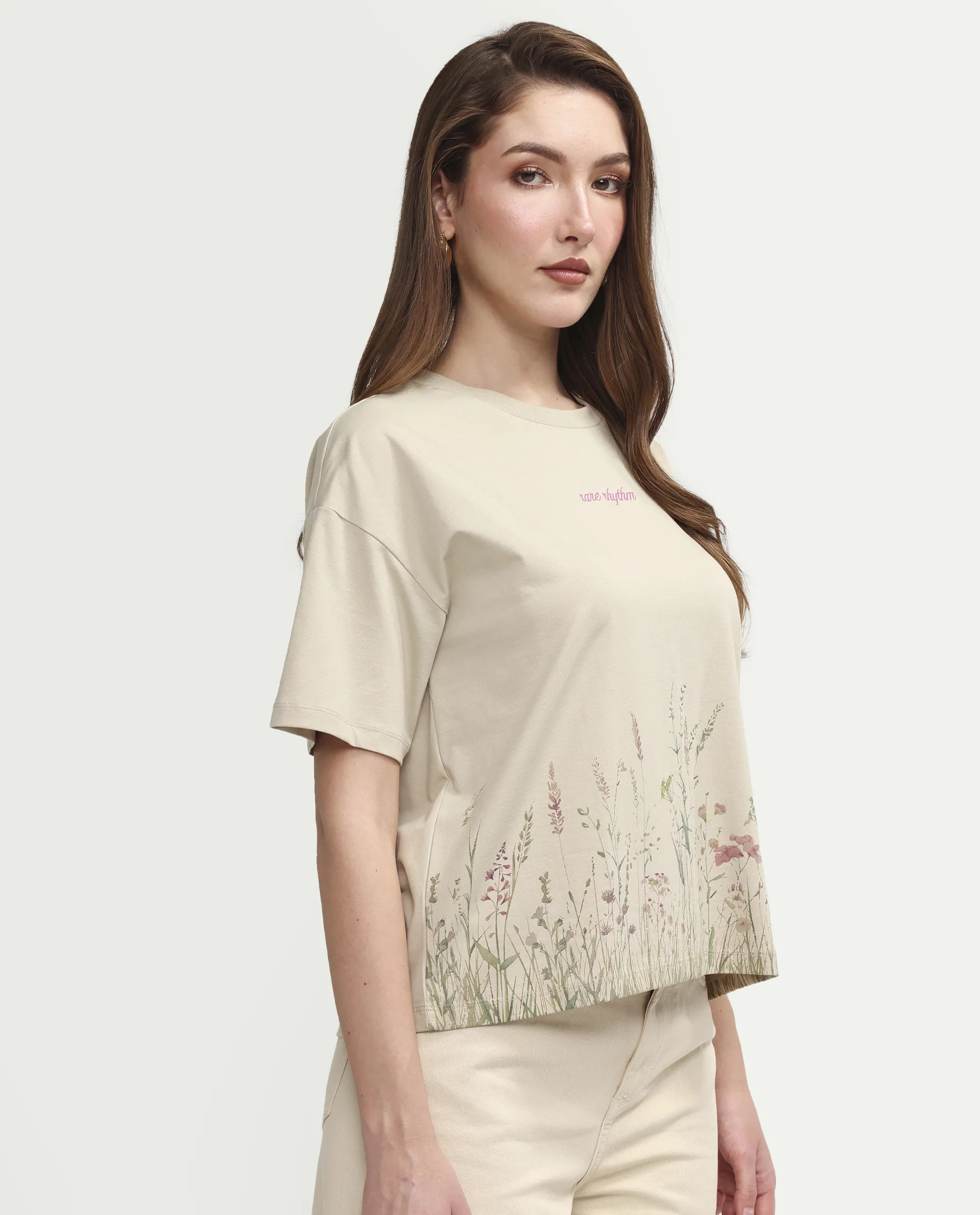 Rareism Women's Pront Beige Cotton Blend Crew Neck Floral Print Boxy Fit T-Shirt - Image 6