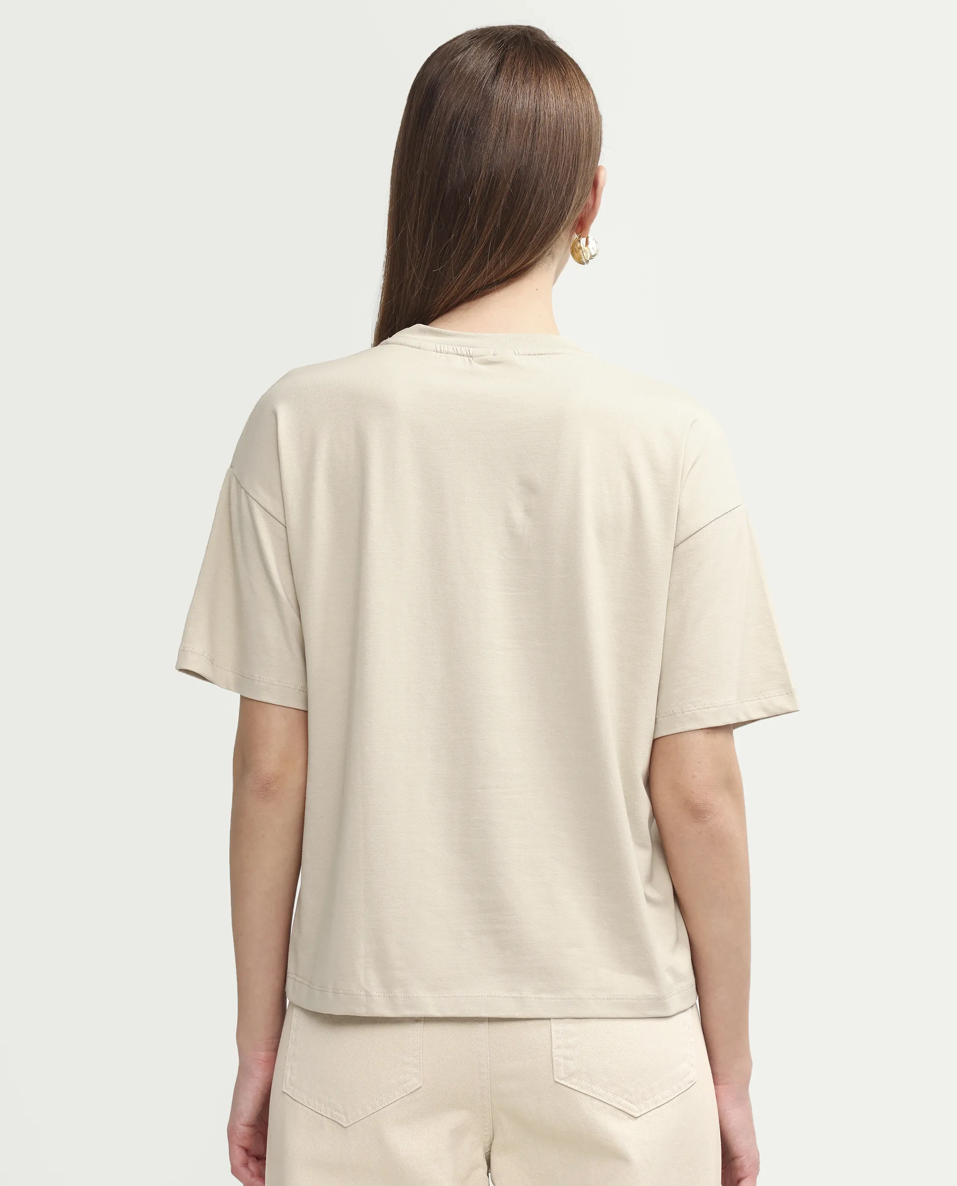 Rareism Women's Pront Beige Cotton Blend Crew Neck Floral Print Boxy Fit T-Shirt - Image 7