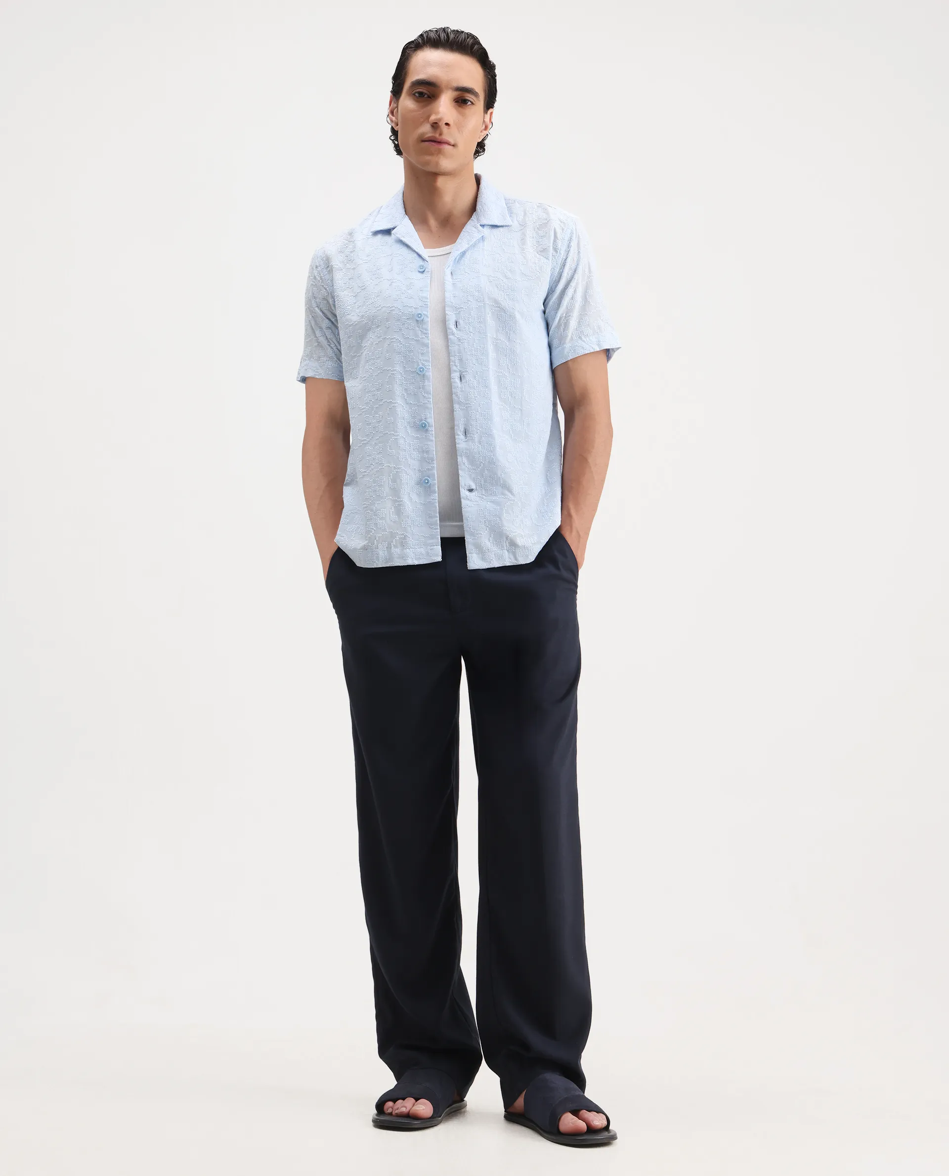 Rare Rabbit Men's Propel Pastel Blue Cotton Embroidered Boxy Fit Half Sleeve Cuban Collar Shirt - Image 2